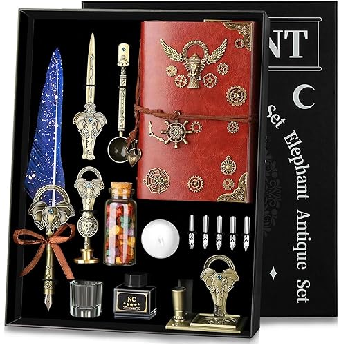 Juego de tinta y pluma estilográfica NC - Azul, con bolígrafo, cuaderno, 5 puntas, tinta, soporte, sello, cuchara, cuentas de cera, sobres y papel -