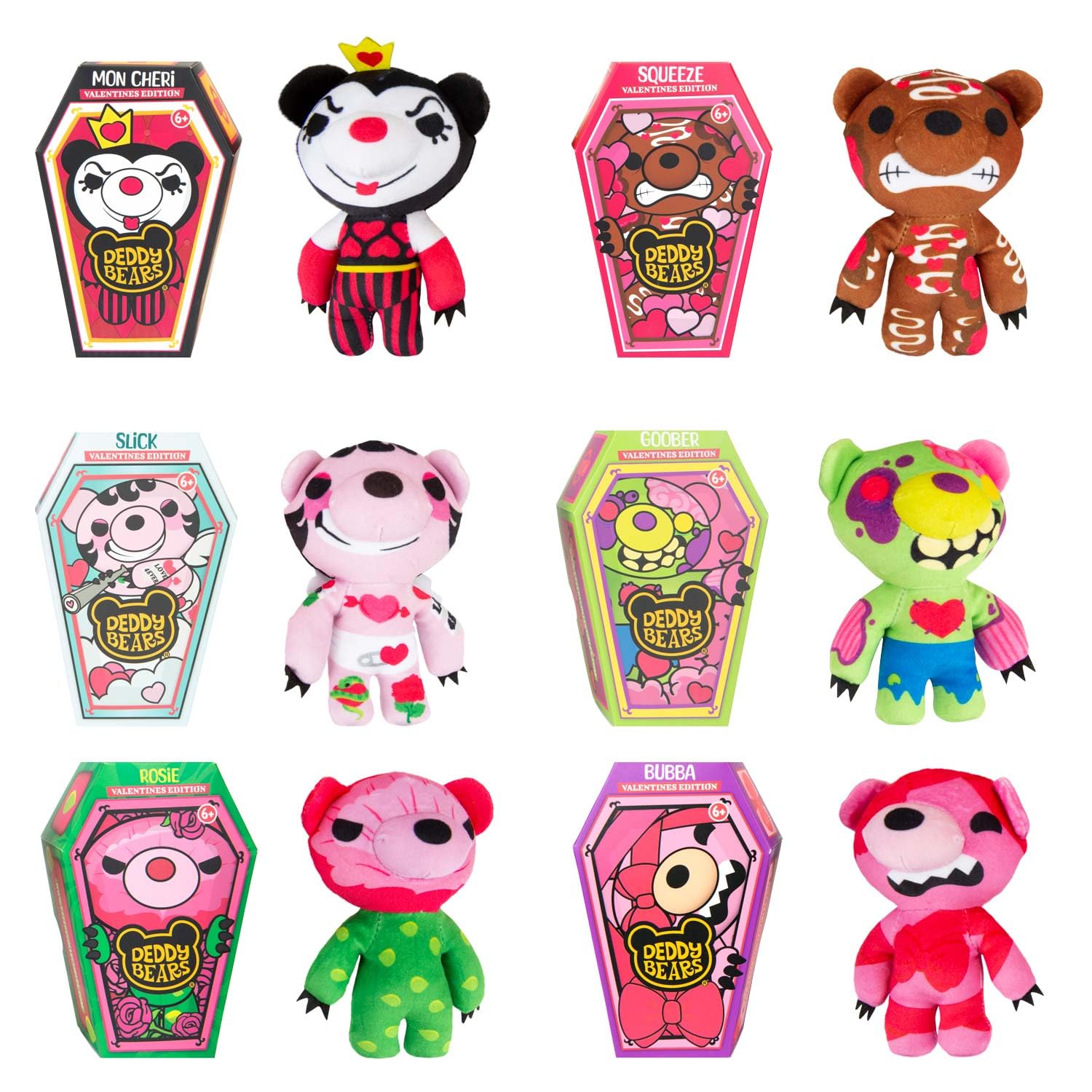 Deddy Bears Soft Toy Valentines Series 1 Complete Collection Coffin Box, Plush Idea Spooky Collectable - 15cm 6 Pack