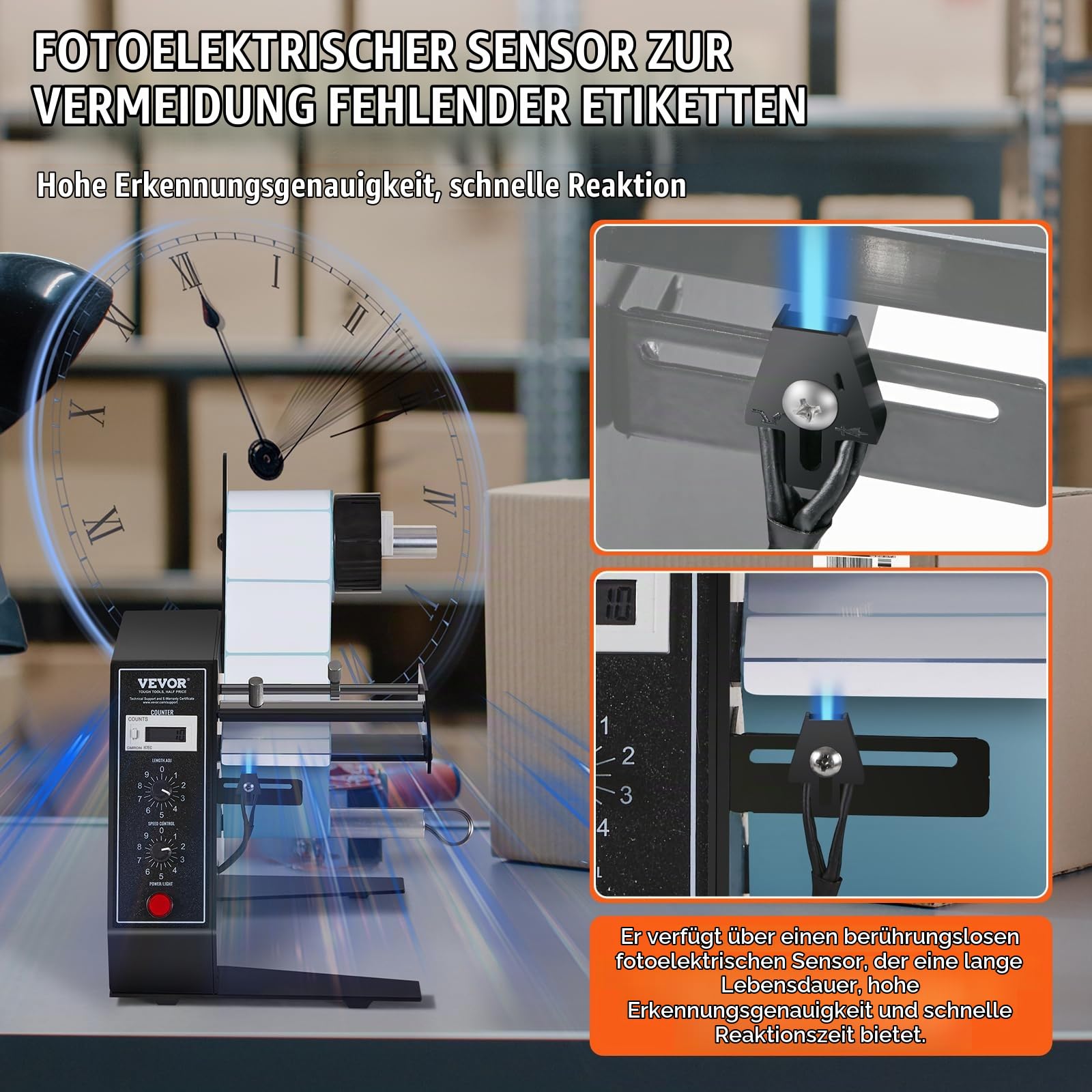 VEVOR Automatischer Etikettenspender, Breite 15-125 mm, Länge 3-150 mm, Etikettenabstreifer, Etikettentrennmaschine, stufenlose Geschwindigkeitseinstellung, Etikettenapplikator, max. Zählung 0-999999