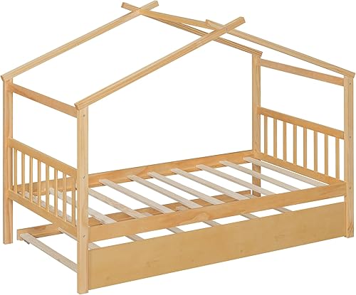 Miniatura 89 de Cama individual de casa con nido para niños, cama individual de madera con techo, marco de cama de plataforma de tamaño individual, cama con dosel