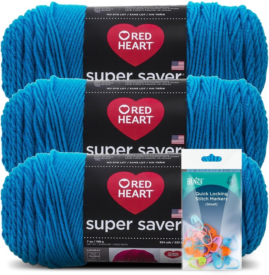 Red Heart Knitting Yarn Super Saver 3-Skein Pack (7oz Each) Bundle with Benzy Quick Locking Stitch Markers (20ct) (Pool)