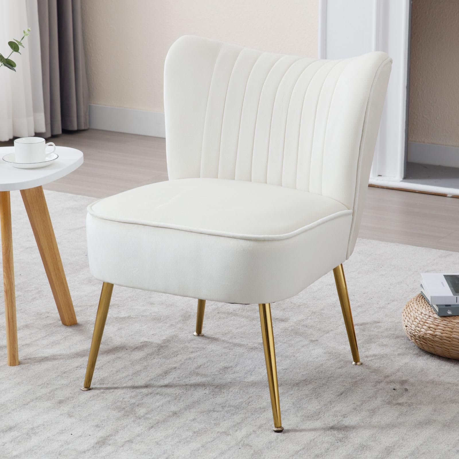 chairus Velvet Tub Chair Armless Single Sofa Chair with Metal Legs Modern Upholstered Longue Accent Chairs for Balcony Living Room (Beige-1)
