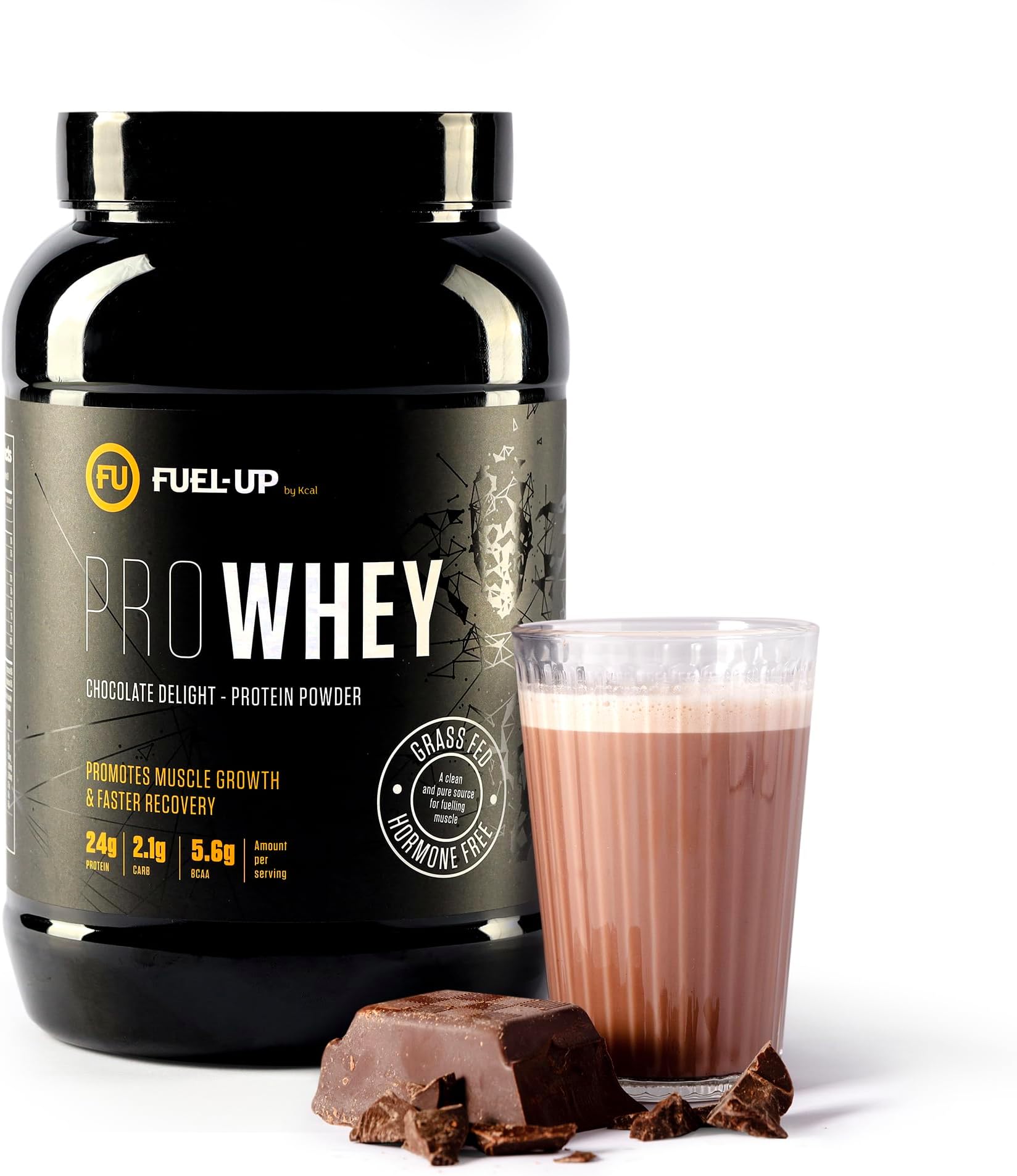 FUEL-UP Pro Whey Protein Powder Chocolate Delight | Grass Fed Hormone Free Whey Protein Concentrate | 24g Protein 5.6g BCAA per Scoop | Muscle Growth & Recovery | 2 lb (28 Servings) 907g