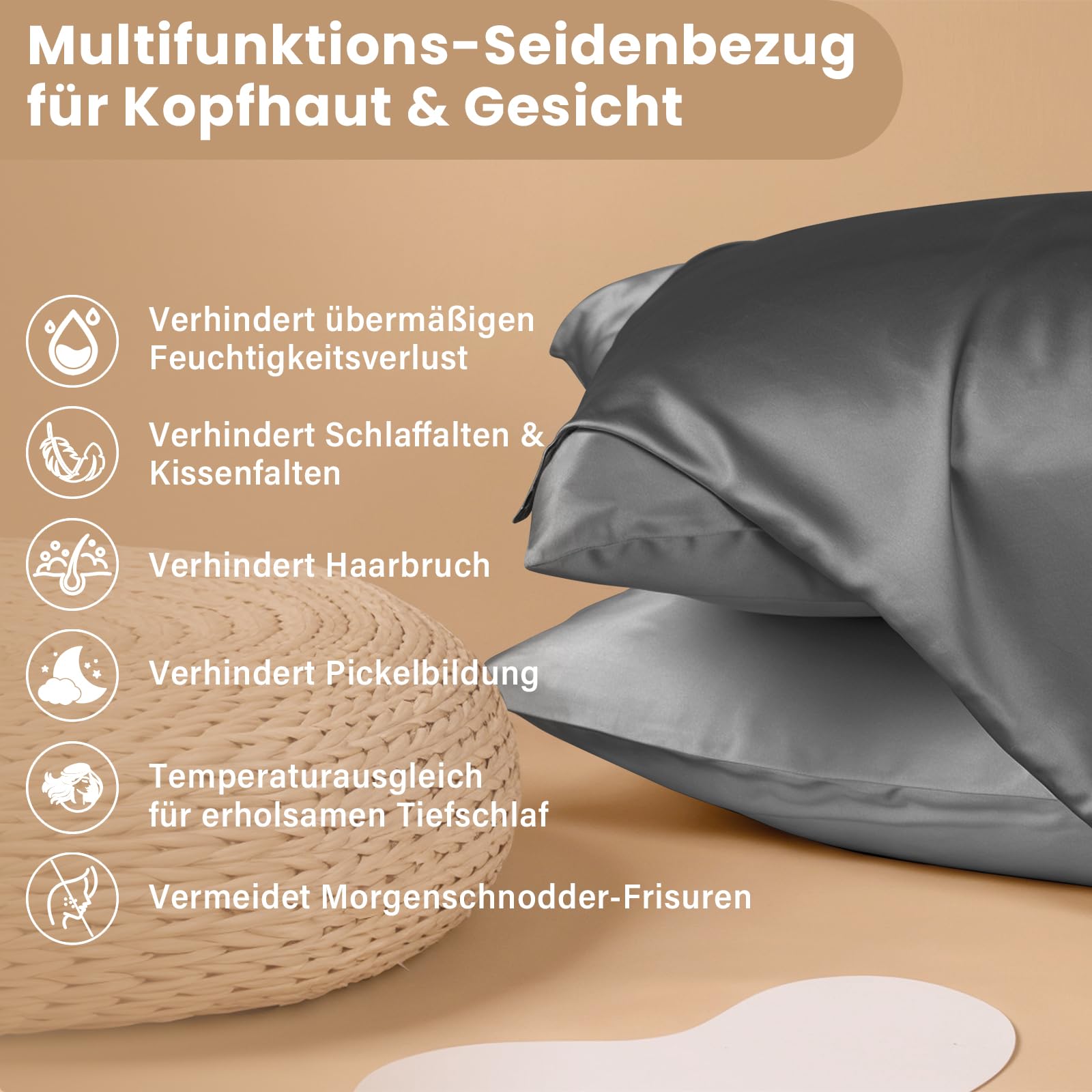Muama Funda de almohada de seda de 40 x 145 cm, fundas de almohada de seda de morera, funda de almohada para cabello y piel con cremallera oculta, 1 pieza, antracita