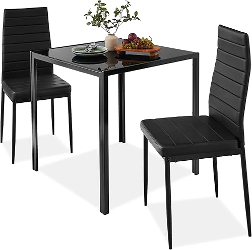 Best Choice Products Juego de comedor de cristal de 3 piezas, muebles de mesa de cocina modernos para comedor, comedor, compacto que ahorra espacio