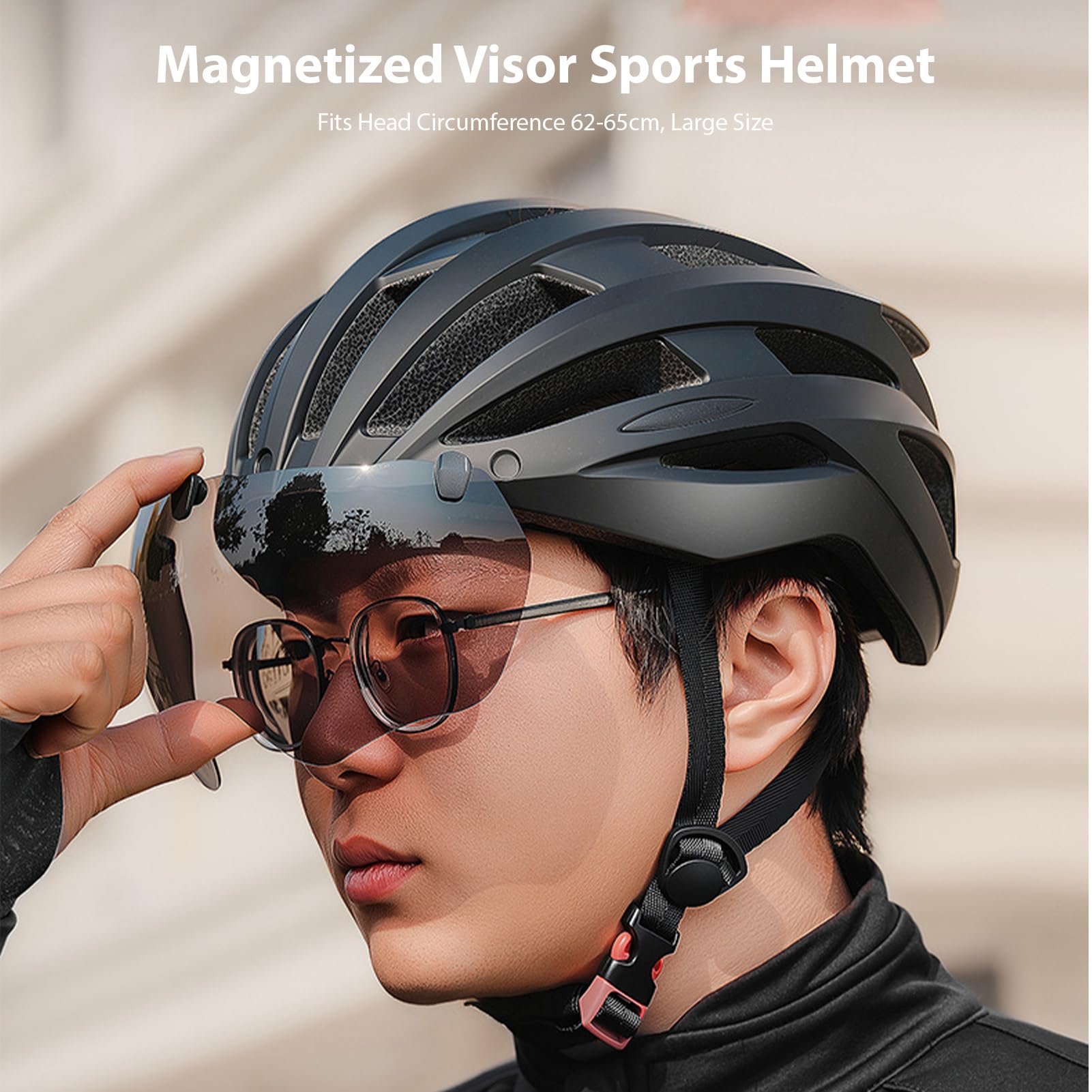 POENVFPO Casco da Bici con Occhiali Magnetizzati, 24 Fori di Ventilazione e Casco da Equitazione Regolabile Adatto per Uomo Donna (62-65 cm)