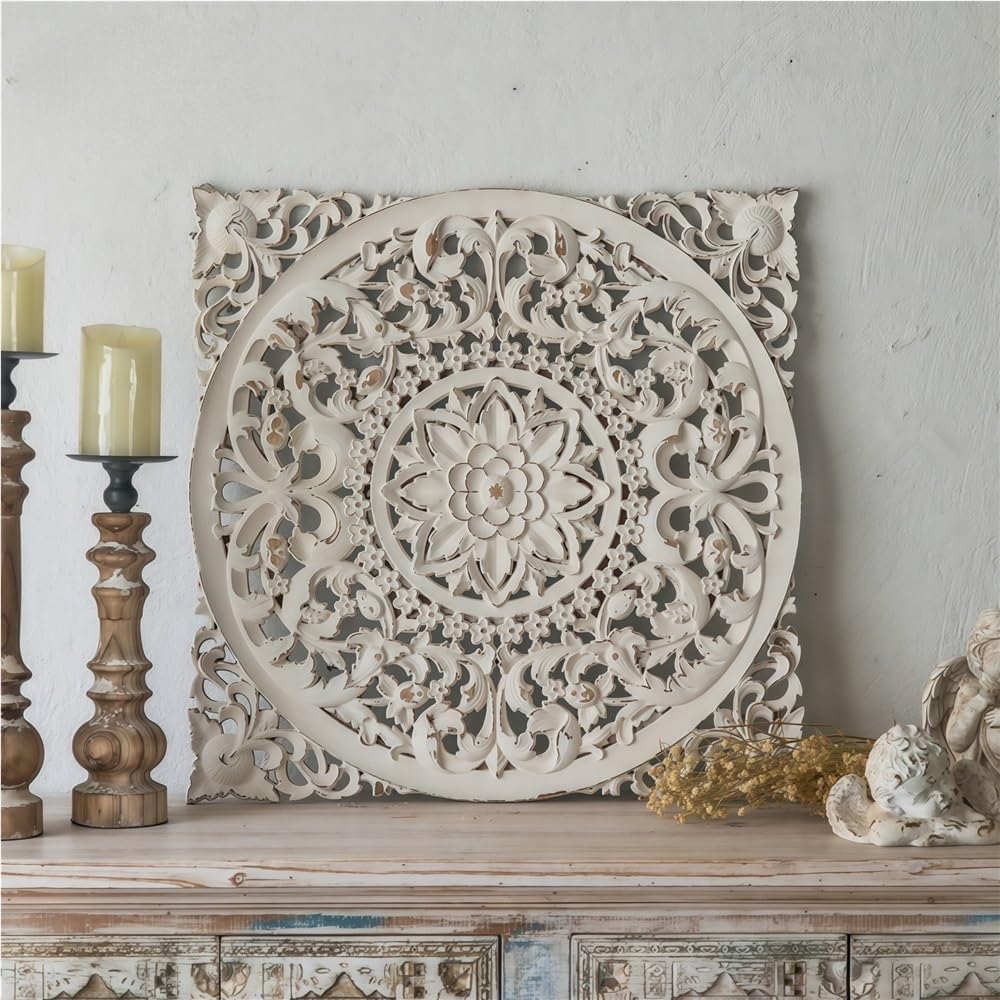 Hand-Carved Floral Wooden Wall Sculpture - Rustic Farmhouse Hanging Art for Living Room & Bedroom Decor, Unique Home Decoration, Artisan Craftsmanship