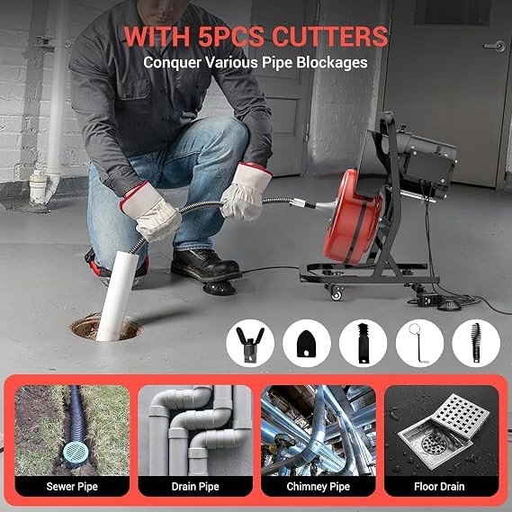 50FTx1/2 Inch Drain Cleaner Machine with Wheels, Electric Auto Drain Auger | Feed Electric Snake Drain for 2 to 4 Pipes, Plumbing Snake Auger Cleaner with 6 Cutter & Foot Switch for Sewer, Sink, Toile