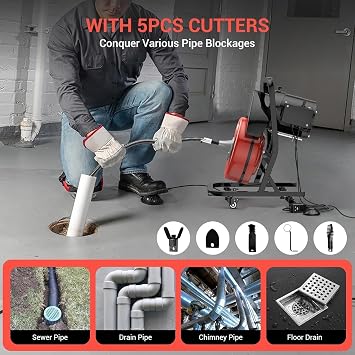 50FTx1/2 Inch Drain Cleaner Machine with Wheels, Electric Auto Drain Auger | Feed Electric Snake Drain for 2 to 4 Pipes, Plumbing Snake Auger Cleaner with 6 Cutter & Foot Switch for Sewer, Sink, Toile