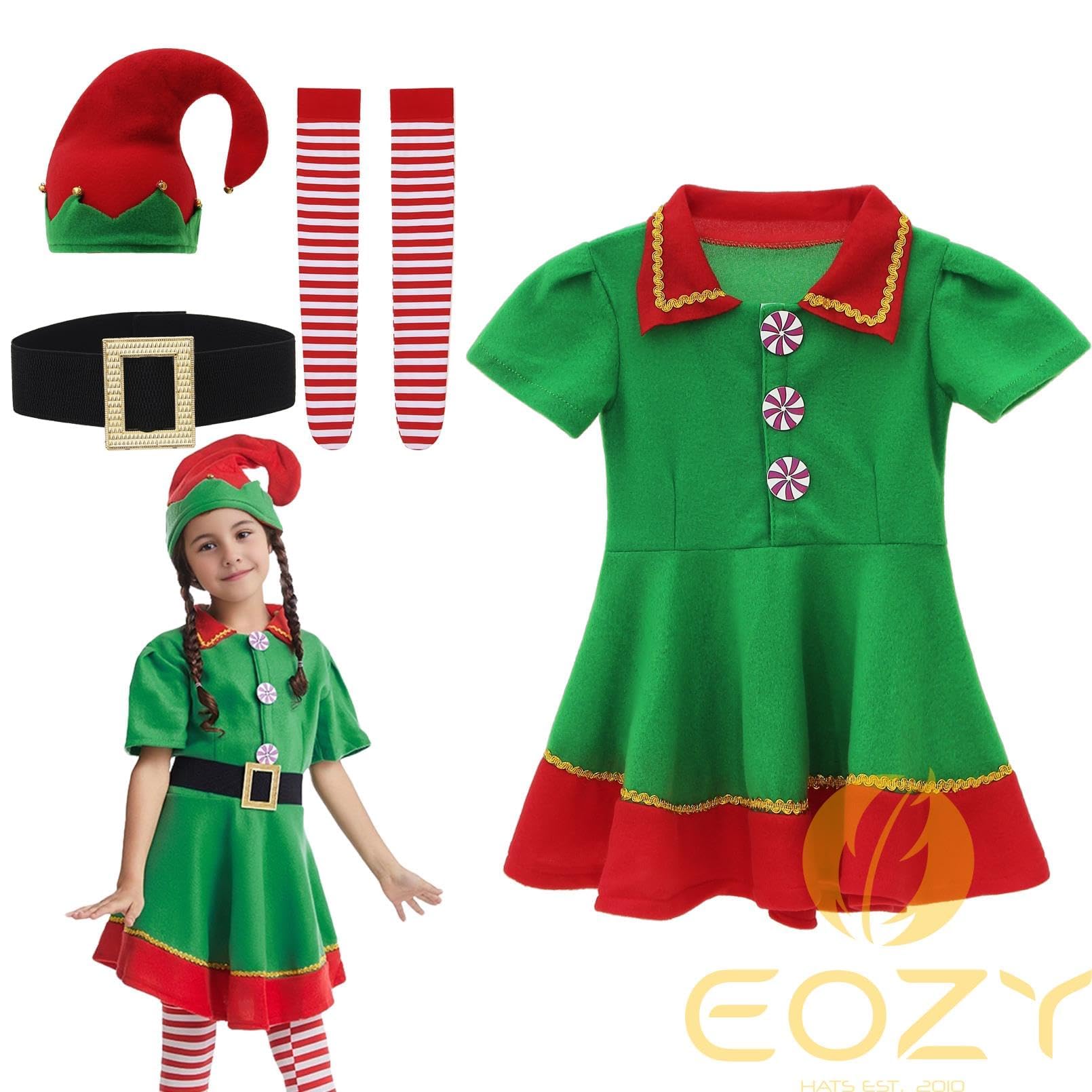 EOZY Santa Elf Costume Kids Chirstmas Elf Costumes for Girls Xmas Party Santa Fancy Dress Outfit with Hat and Stockings - Image 3