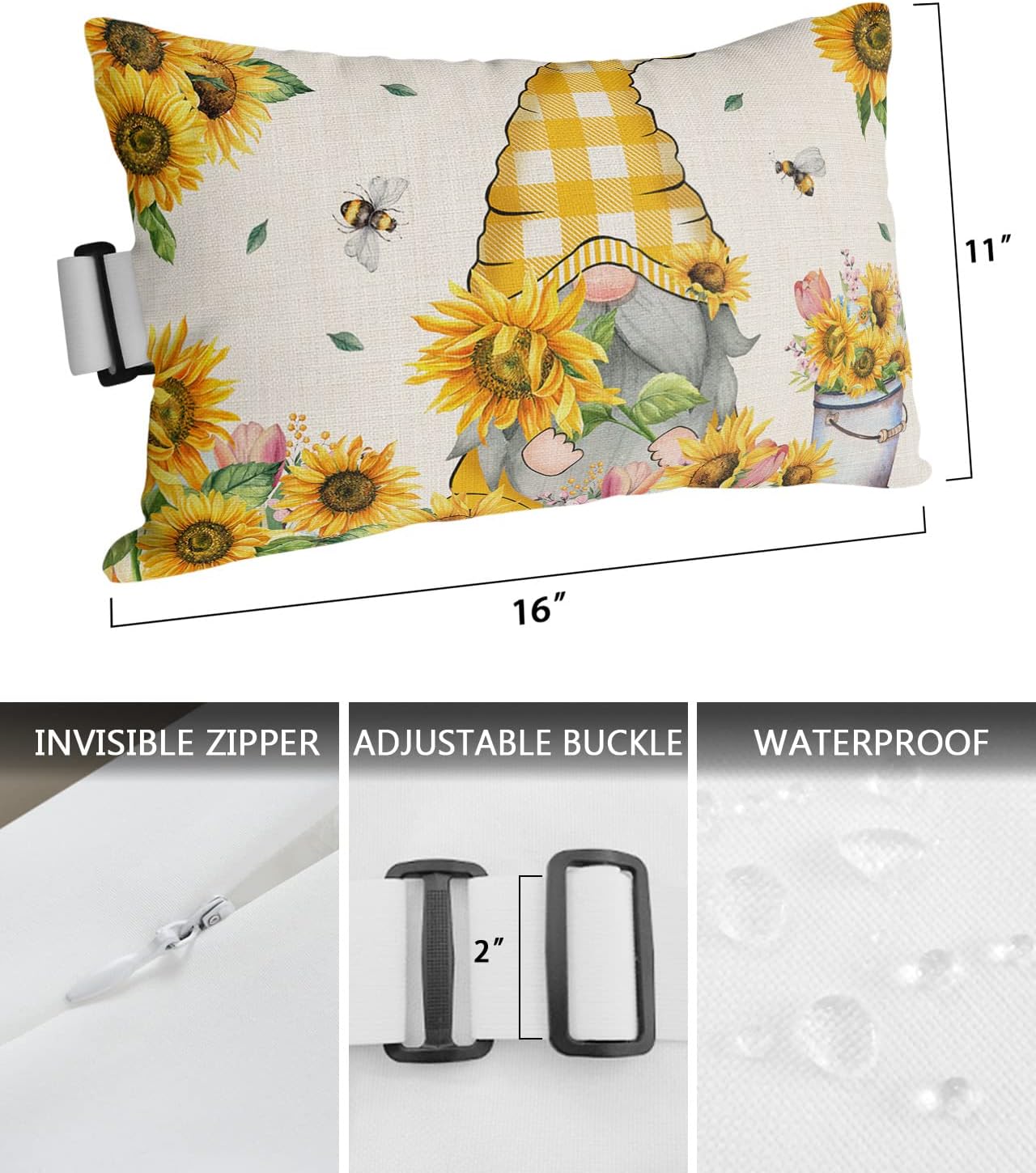 Spring Summer Bee Gnomes Outdoor Chaise Lounge Chair Head Pillow,2 Packs Waterproof Headrest Lumbar Throw Pillows Cover Case with Insert & Elastic Band for Pool,Sunflower Bumble Bee Yellow Plaid
