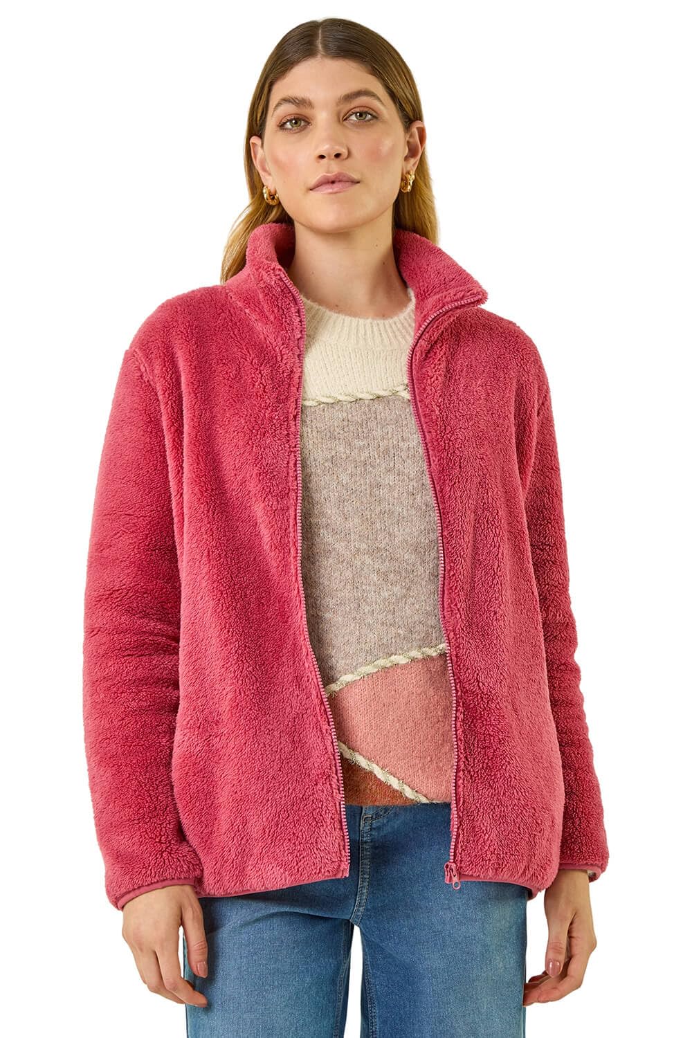 Roman Originals Women's Rose Soft Sherpa Fleece Jacket For Uk - Autumn Everyday Winter Holiday Pull-On Comfy Soft Vacation Work Teddy Coat - Size L