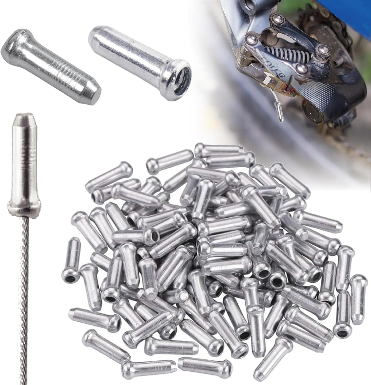 100PCS Bike Cable End Crimps - Mountain Bike Parts for Mountain & Road Bikes | Durable Metal Cable Ends to Prevent Fraying - Universal Fit for Most Bicycles