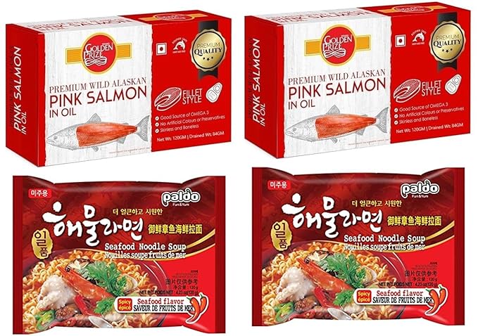 Golden Prize Pink Salmon Fillets in Oil 120 Gms (2 Units) and Paldo Ilpoom Seafood Noodles 120 Gms (2 Units), Combo Pack, Pack of 4