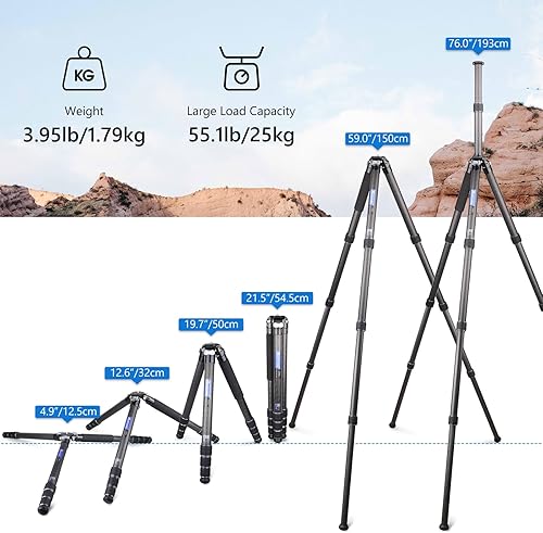 Miniatura 7 de Trípode de fibra de carbono resistente CS85C con columna central externa, soporte compacto y ligero para cámara de viaje para videocámara digital