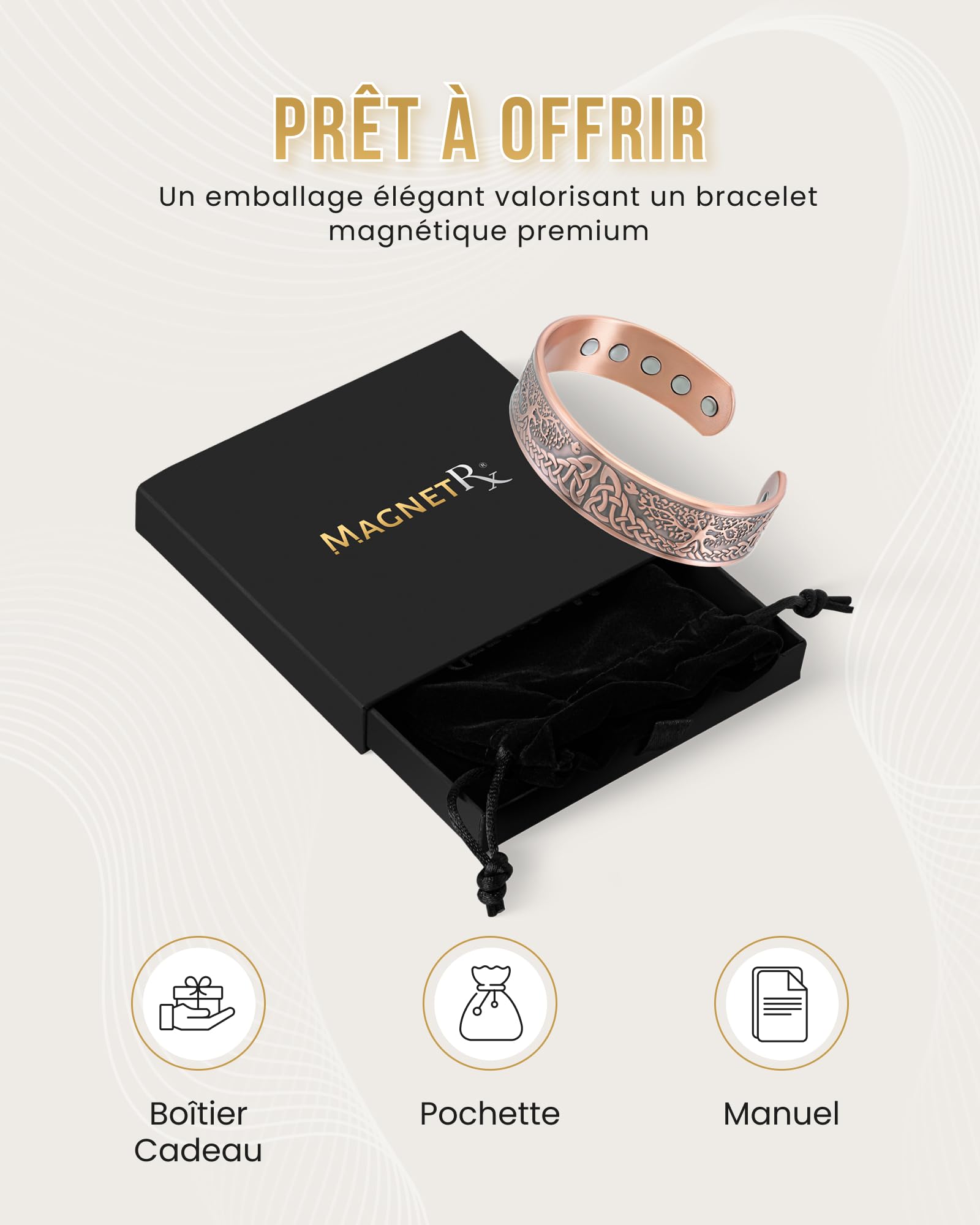 MagnetRX® Bracelet Magnétique En Cuivre Pur Pour Homme - 6 Aimants Puissant (3500 GAUSS Par Aimant) Bijoux Aimanté En Cuivre - Manchette Réglable