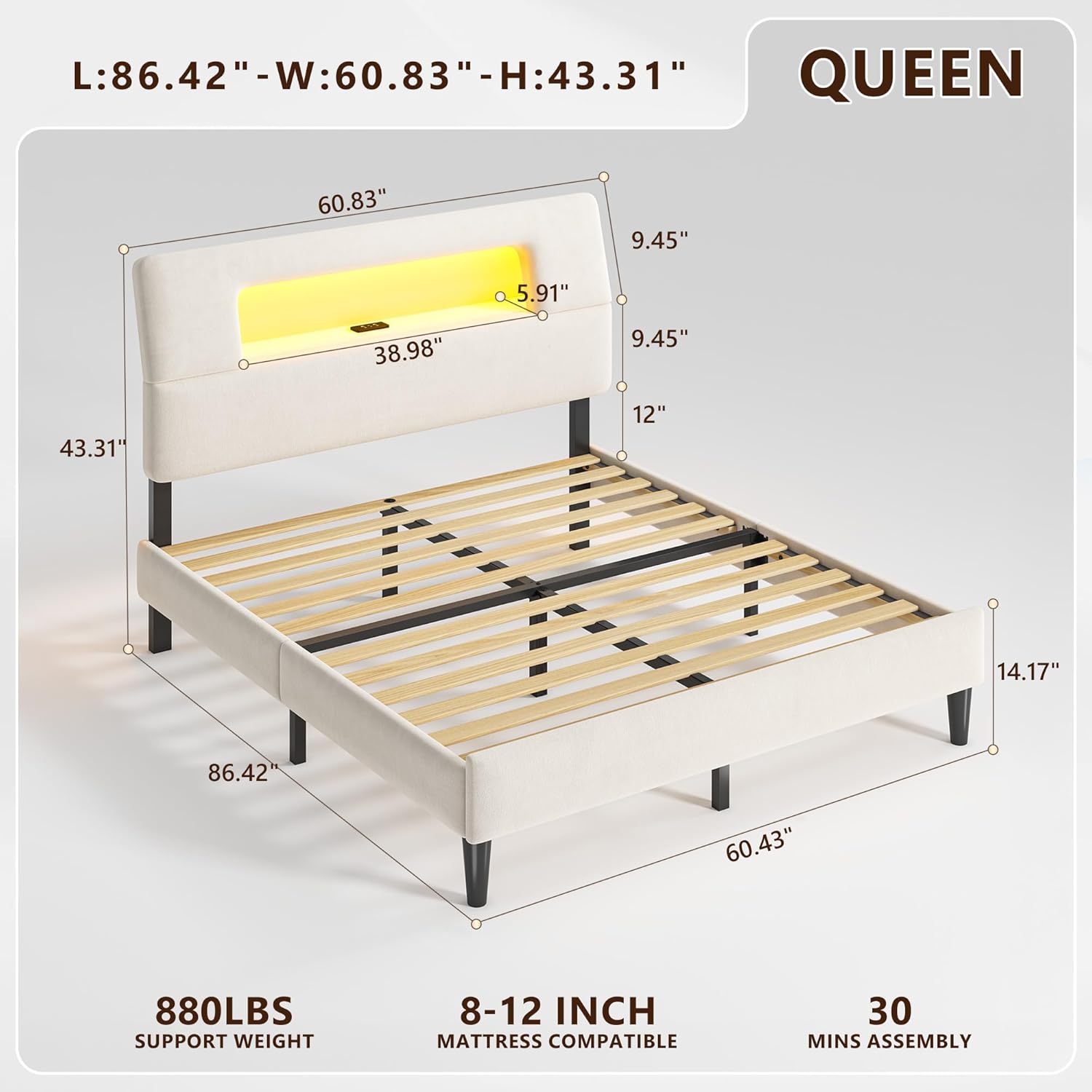 Homkdom Queen Bed Frame with Ergonomic Storage Headboard, Upholstered Bed Frame with LED Lights & Charging Station, Unique Open-Design，NO Noise, Easy Assembly, No Box Spring Needed,Beige