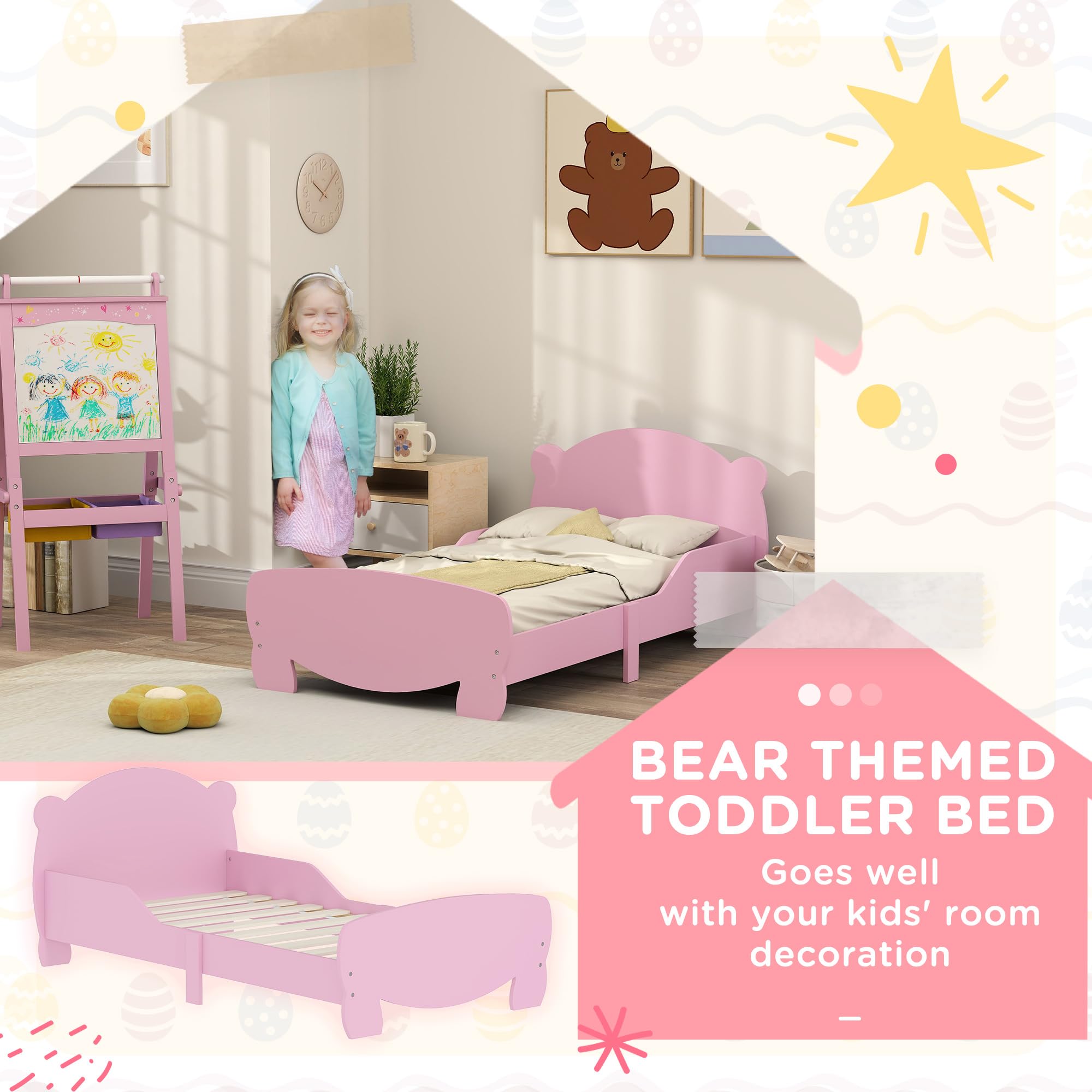 AIYAPLAY Cama Infantil Montessori para Niños de 3 a 6 Años, Cama Infantil Individual de 140x70 cm con Laterales Anticaída y Somier de Láminas de Madera en Forma de Oso para Habitación Infantil, Rosa