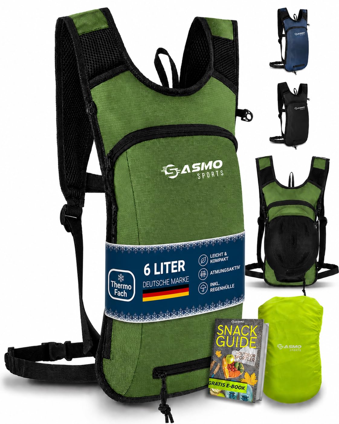 SASMO® Fahrradrucksack & Skirucksack 6L / 8L / 10+3L / 14+3L mit Thermofach, Helmnetz & Regenschutz | Ultraleicht - MTB Rucksack Herren & Damen | Kleiner Fahrradrucksack Herren & Damen