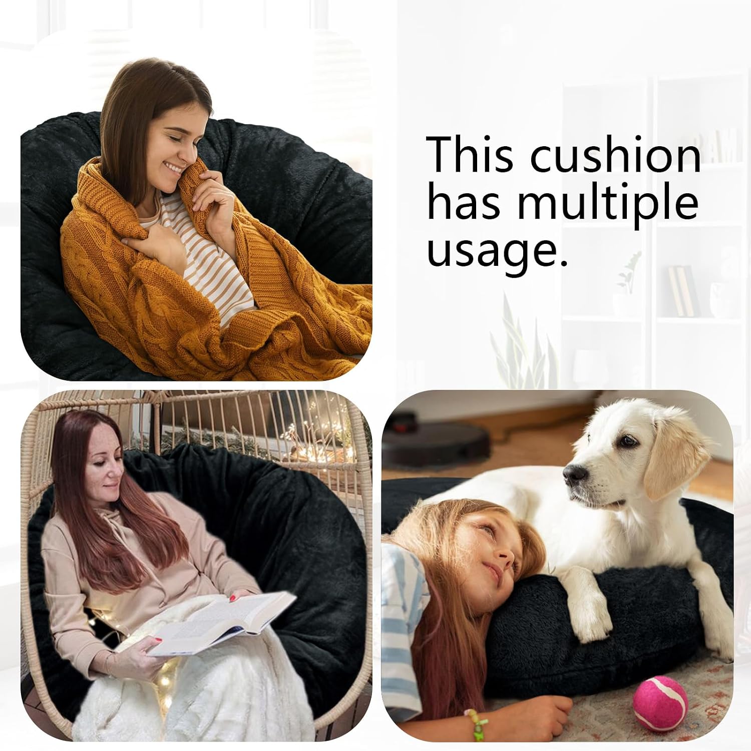 Shaggy Cover for Papasan Cushion, Shaggy Papasan Chair Cushion Cover, Fluffy Plush Faux Fur Zippered Slipcover Only, Removable Papasan Cushion Covers (D, 55 * 55in)