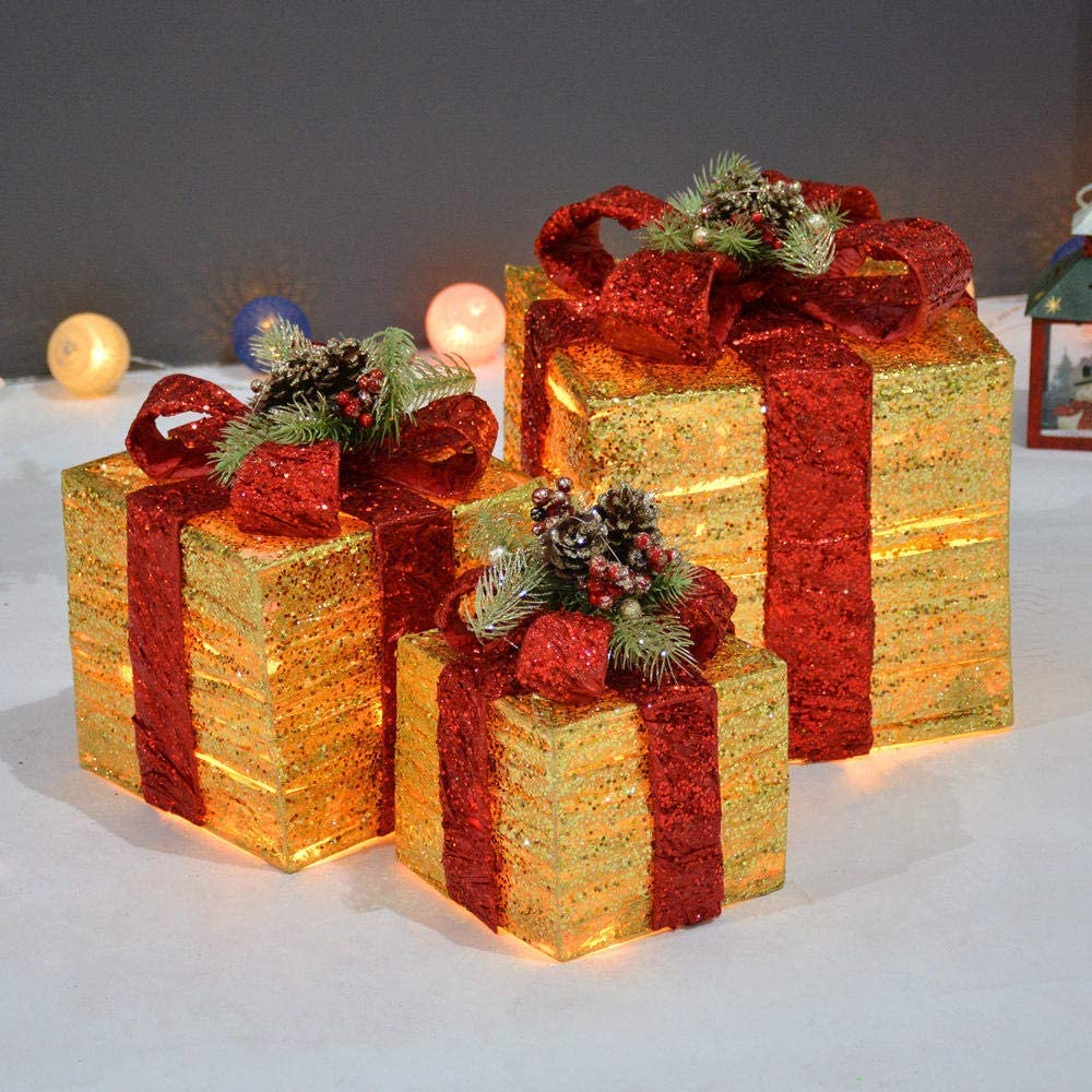 Cajas de regalo para Navidad, Juego de 3 cajas de regalo LED con iluminación navideña, juego de paquetes navideños de color hierro decorativo(Gold)