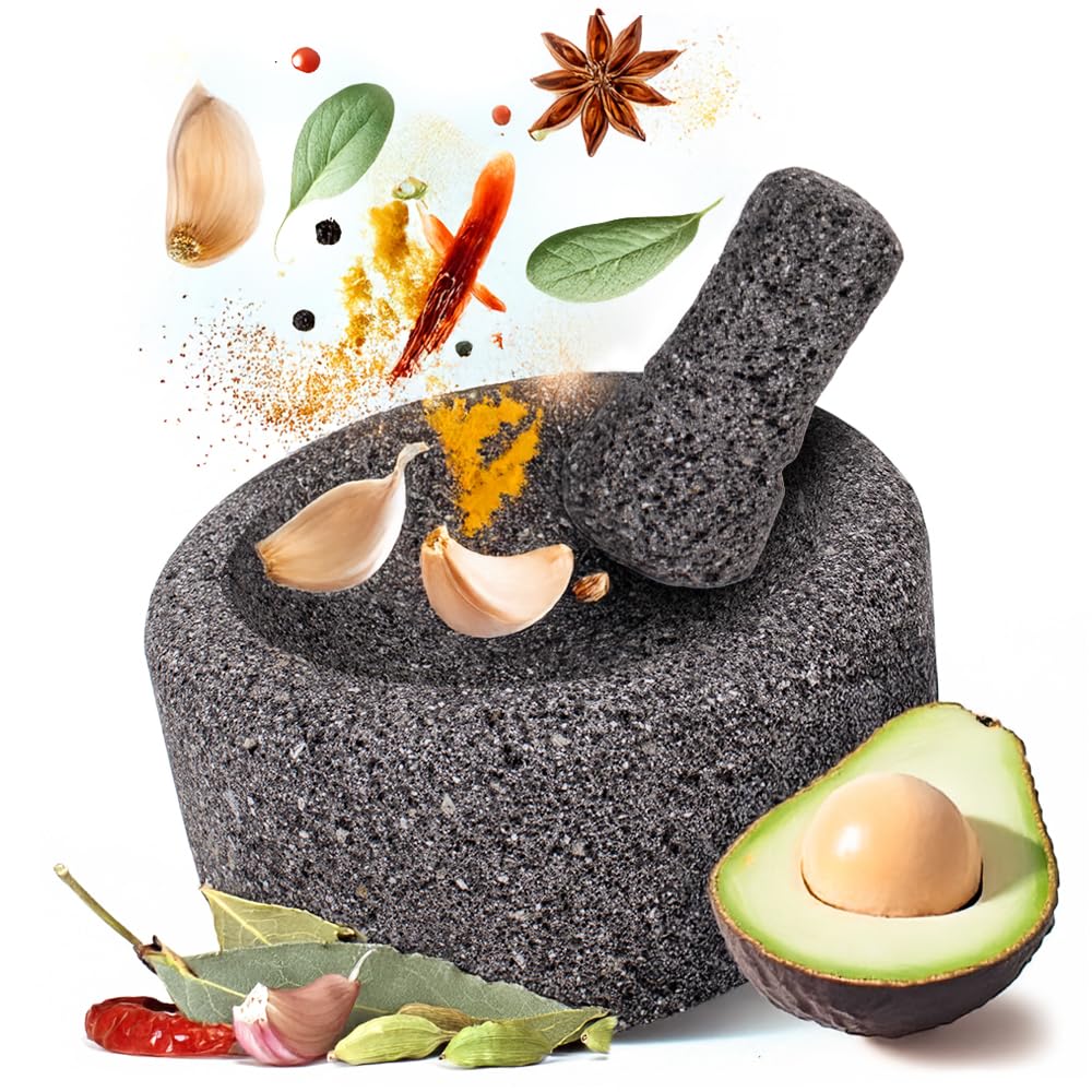 Molino de molcajete mexicano hecho a mano de 8 pulgadas para especias, salsa, guacamole y más auténtico molcajete de piedra volcánica fabricado en México (base plana de 7 pulgadas)
