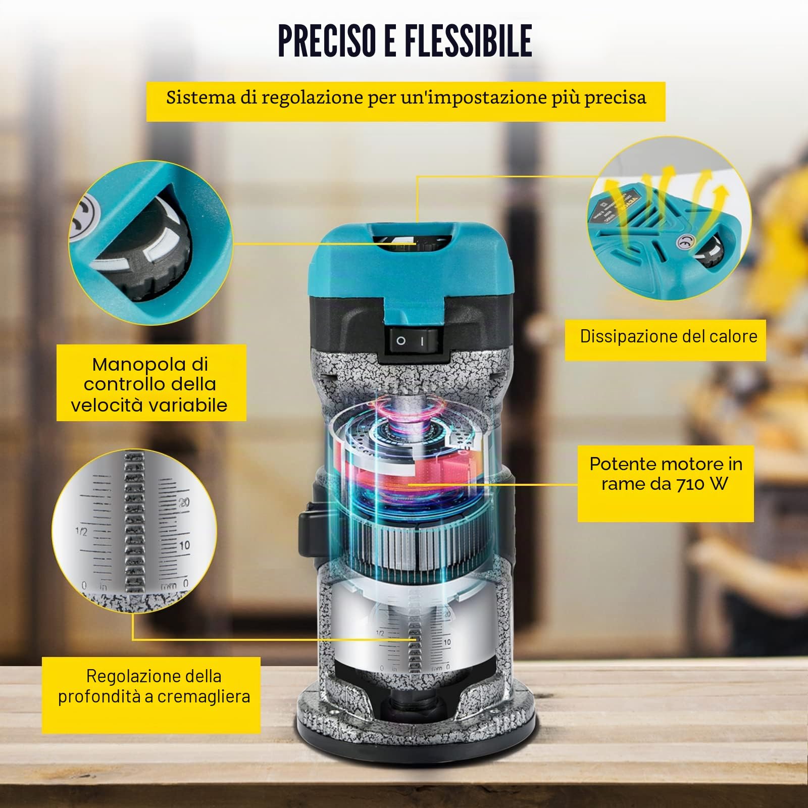 VEVOR Fresa per legno singola mano 33000 giri/min, base fissa, base di inclinazione, base sommergibile, base offset, 3 pinze da 6,35/6/8 mm, fresa da 6/8 mm, guida curva, lega di alluminio