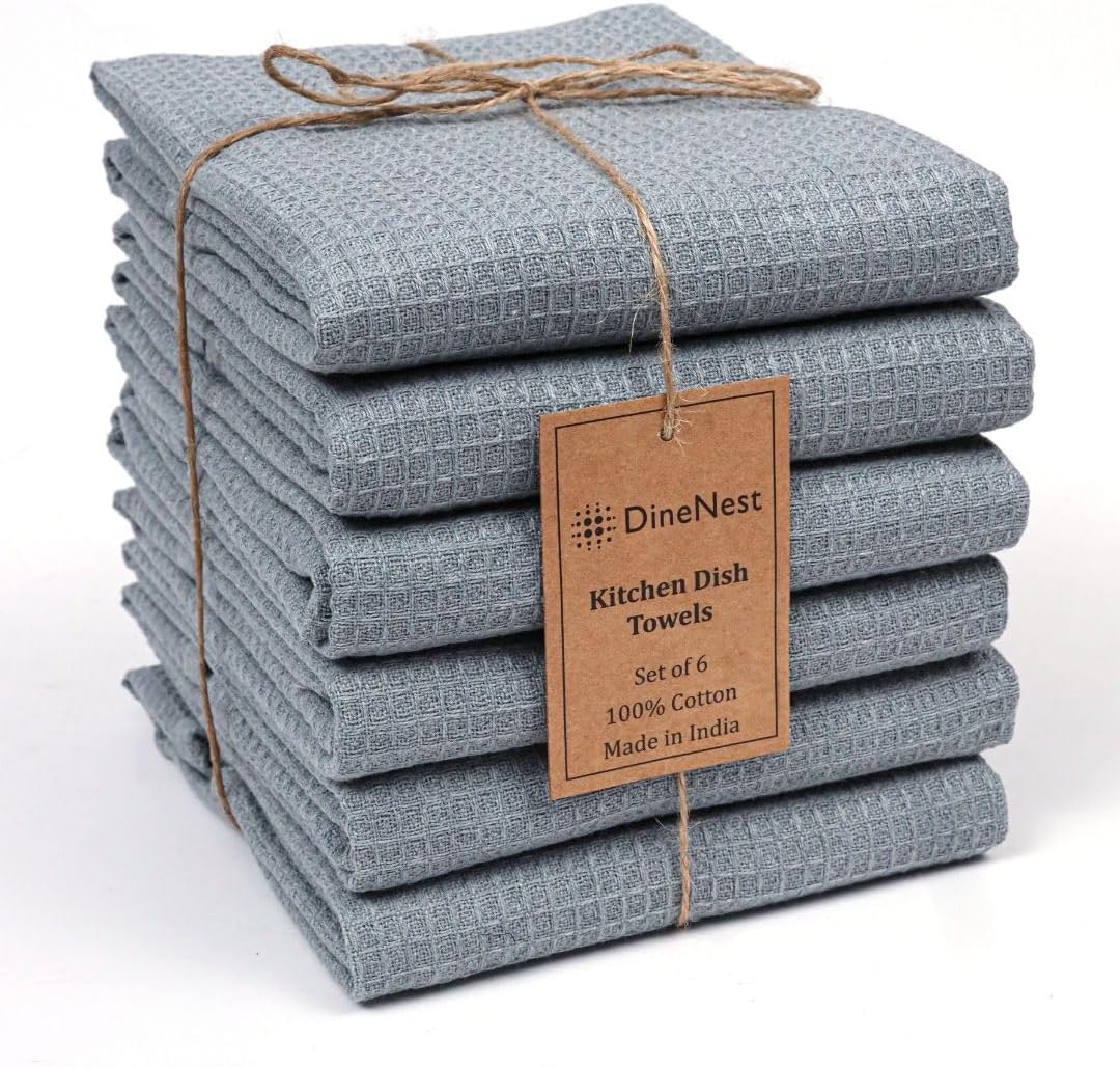 Waffle Kitchen Dish Towels 100% Cotton 16x26 Inch Set of 6 - Absorbent Soft Durable Washable Dish and Cleaning Low-Lint Towel for Kitchen & Home - Quick Drying Dish Towels Grey