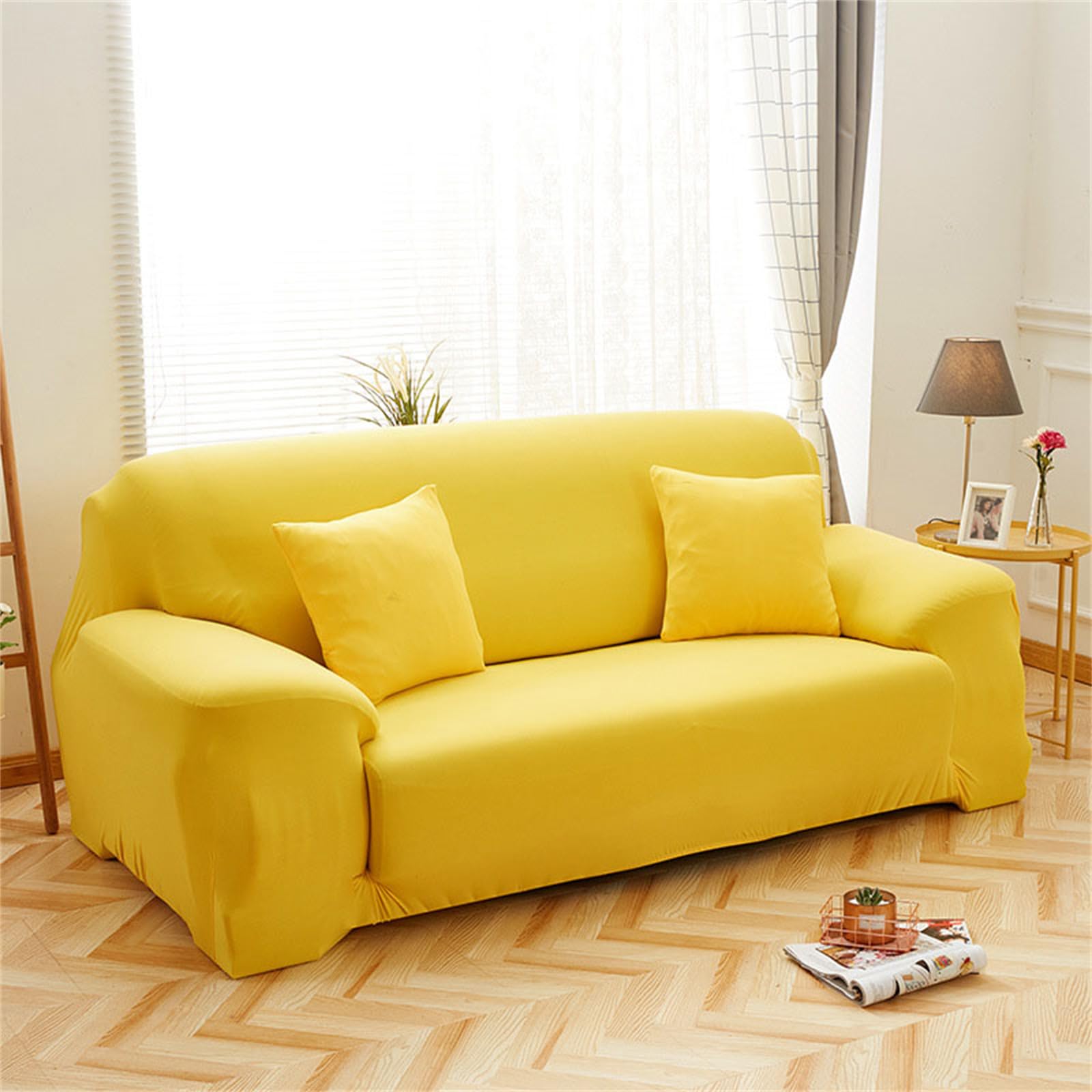Hearda High Stretch Sofa Covers 1/2/3/4 Seater, Solid colours Soft Elastic Non Slip Sofa Slipcover Washable Universal Couch Sofa Cover for Kids Pets Living (yellow,2 Seats)