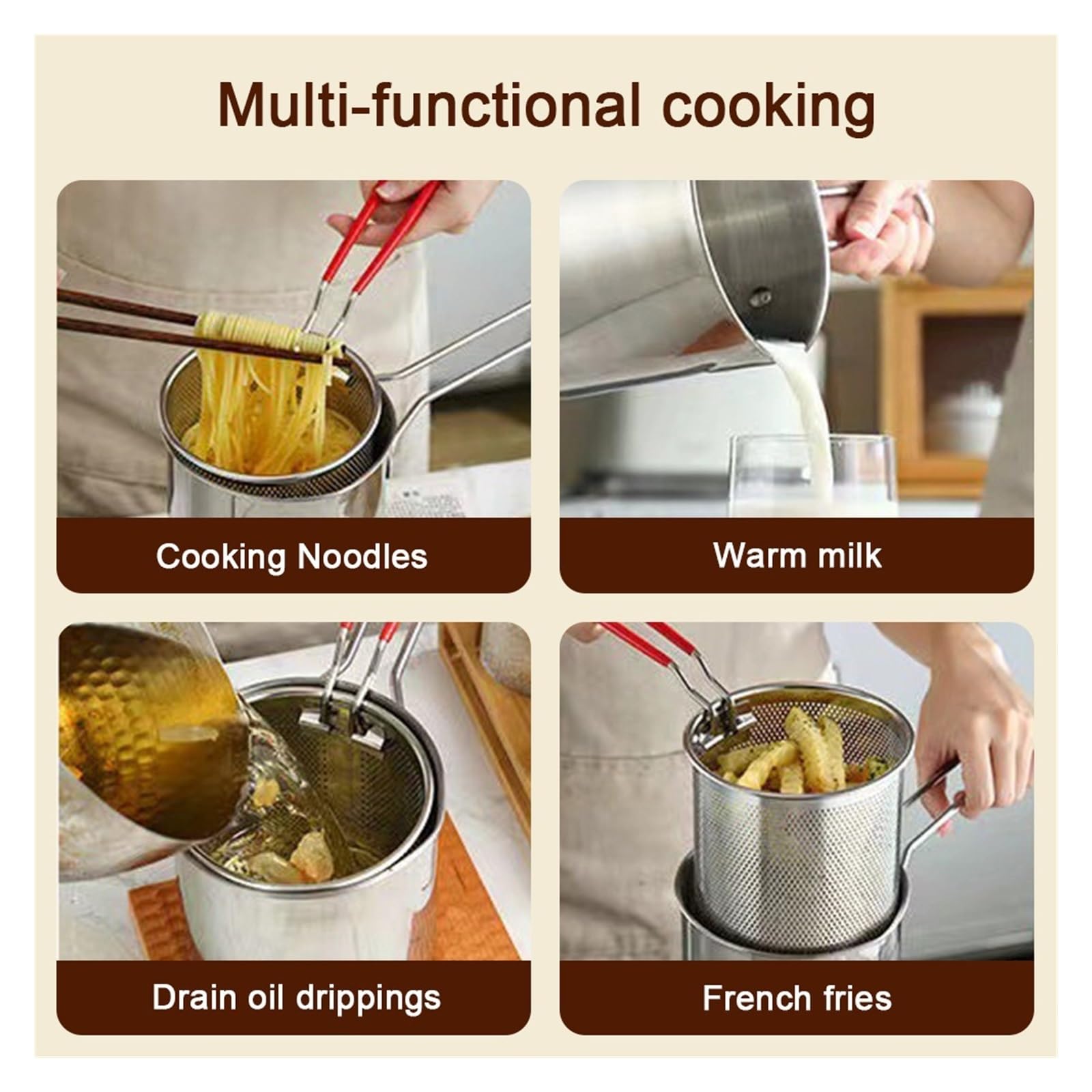Olla For Freír Con Colador Pinzas For Alimentos Tempura De Acero Inoxidable Calentamiento RáPido