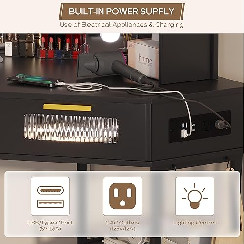 Miniatura 4 de Vlsrka Tocador de esquina negro con silla, escritorio de maquillaje con espejo y luces, escritorio de esquina iluminado con toma de corriente y