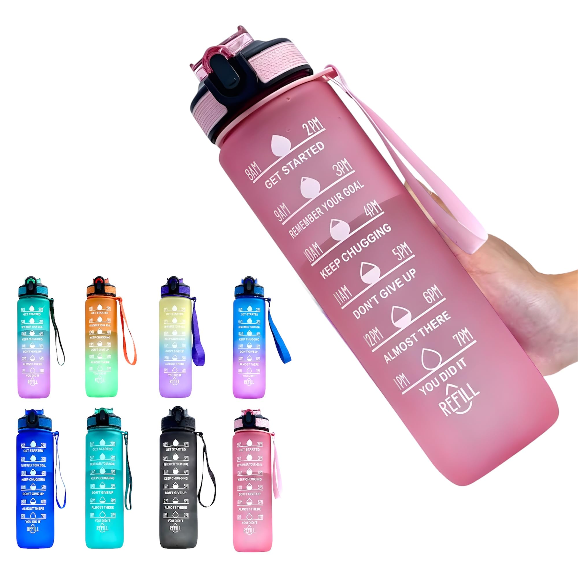 Water Bottle with Straw โ Leakproof & BPA-Free | Time Marker for Daily Motivation | Ideal for Gym, Office, Cycling, School, Outdoor Fitness 1Liter (32oz) (Pink)