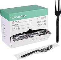 LAOJBABA Heavy Duty Black 7-Inch Disposable Plastic Forks, Individually Wrapped 100 Pack for Takeout & Parties