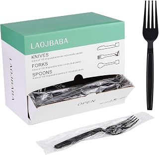 LAOJBABA Heavy Duty Black 7-Inch Disposable Plastic Forks, Individually Wrapped 100 Pack for Takeout & Parties