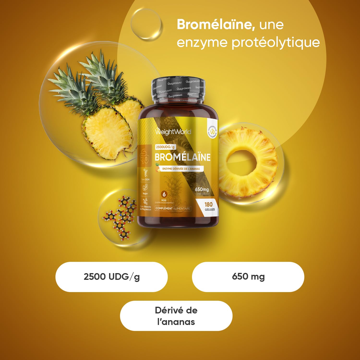 Bromelaine Gélules 650 mg (2500 UDG/g), 180 Gélules, 6 Mois d'Apport, avec Enzymes Digestives Dérivée de la Tige d'Ananas, Source de Manganèse, Cuivre, Vitamine C - Vegan & sans Stéarate de Magnésium