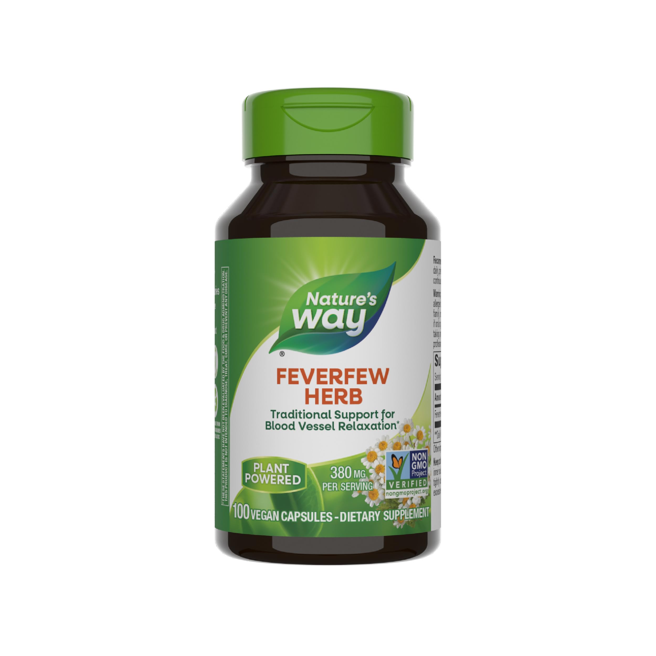Nature's Way Feverfew Herb, Traditional Support for Blood Vessel Relaxation*, 380 mg per Serving, Non-GMO Project Verified, 100 Vegan Feverfew Capsules (Packaging May Vary)