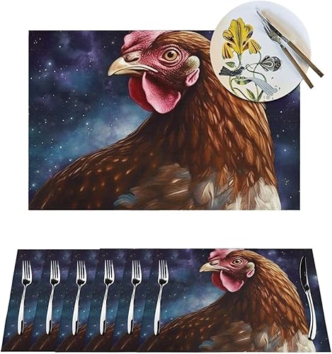 6 PCS PVC Placemats Set Place Mats Galaxy Chicken Non-Slip Weave Place Mats 12" x 18" Farmhouse Table Mat Set for Family Dinners Wedding Parties