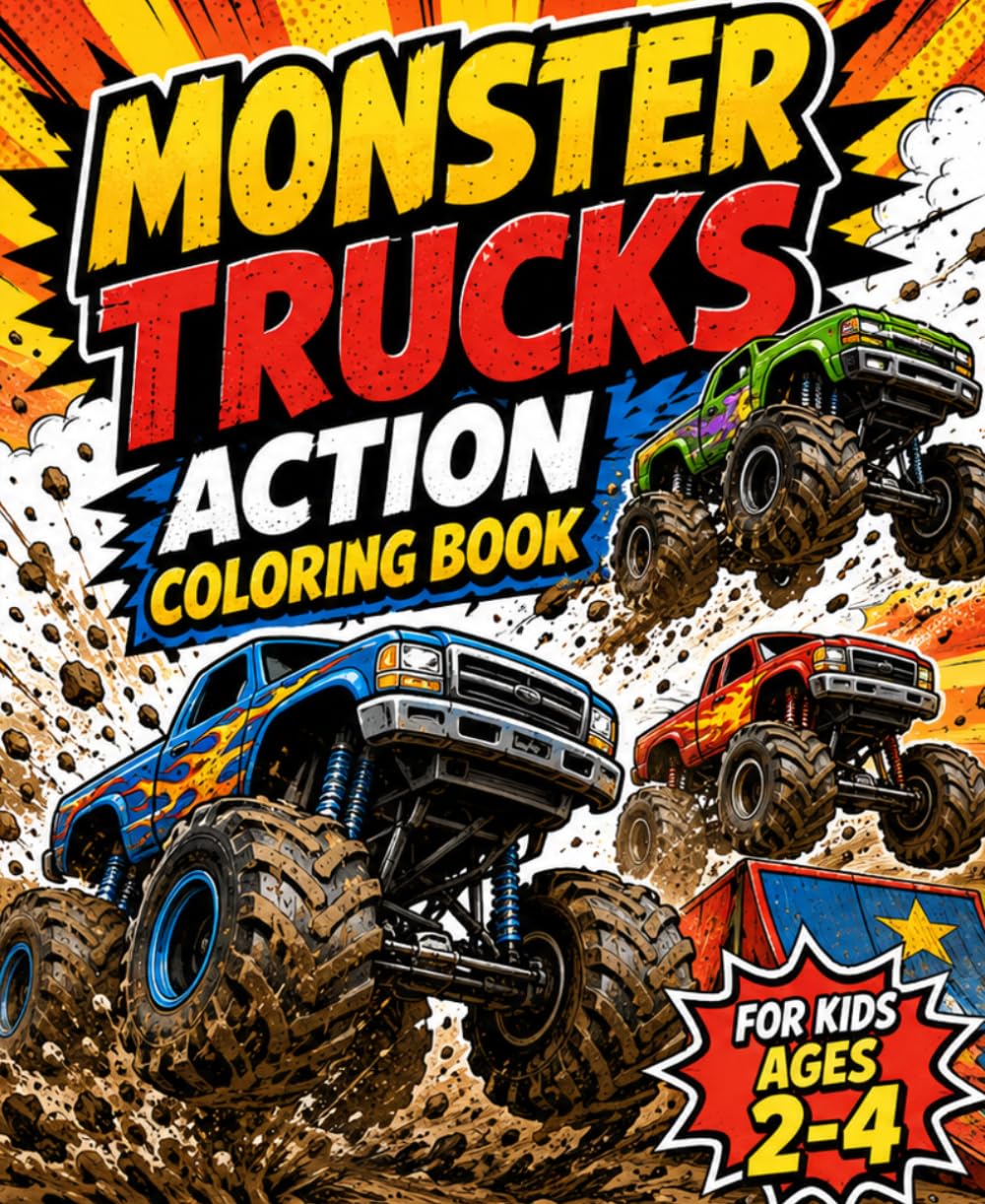 Monster Trucks Coloring Book for Kids Ages 2-4: Fun and Simple Monster Truck, Big Wheels, Muddy Jumps and Racing Coloring Pages for Toddlers