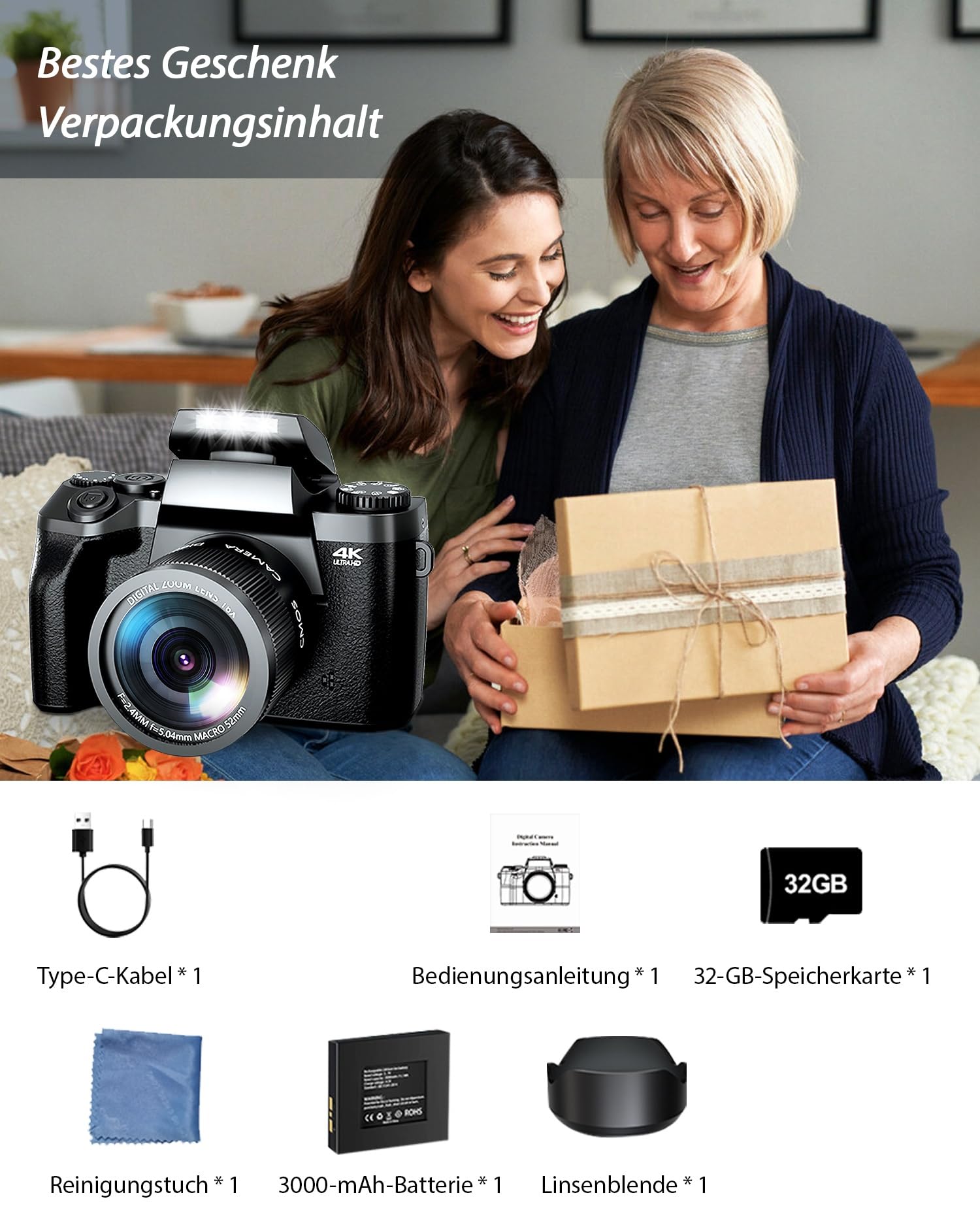 Digitalkamera 4K 64MP Fotokamera mit 4.0" Touchscreen, 16X Digitalzoom Kompaktkamera Mit für Anfänger mit WiFi, mit Kameratasche, 32GB TF-Karte