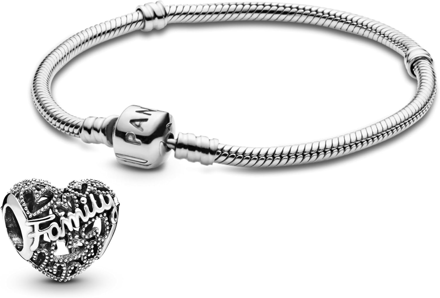 Pandora Jewelry Bundle with Gift Box - Family Heart Sterling Silver Charm & Moments Sterling Silver Snake Chain Charm Bracelet with Barrel Clasp, 7.9" - Gift for Women