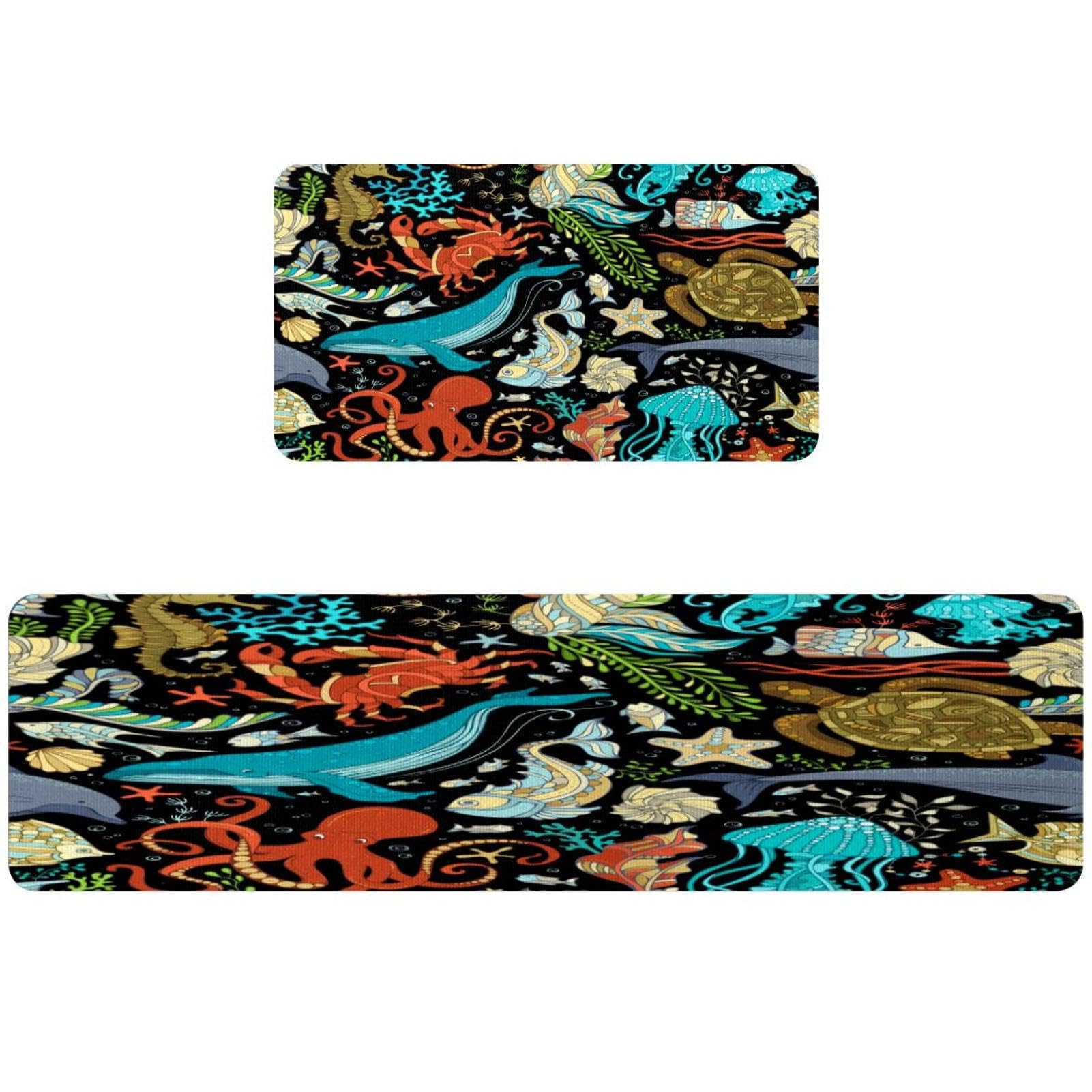 Alfombra de pasillo para cocina lavable con estampado de pulpo y cangrejo 2 piezas