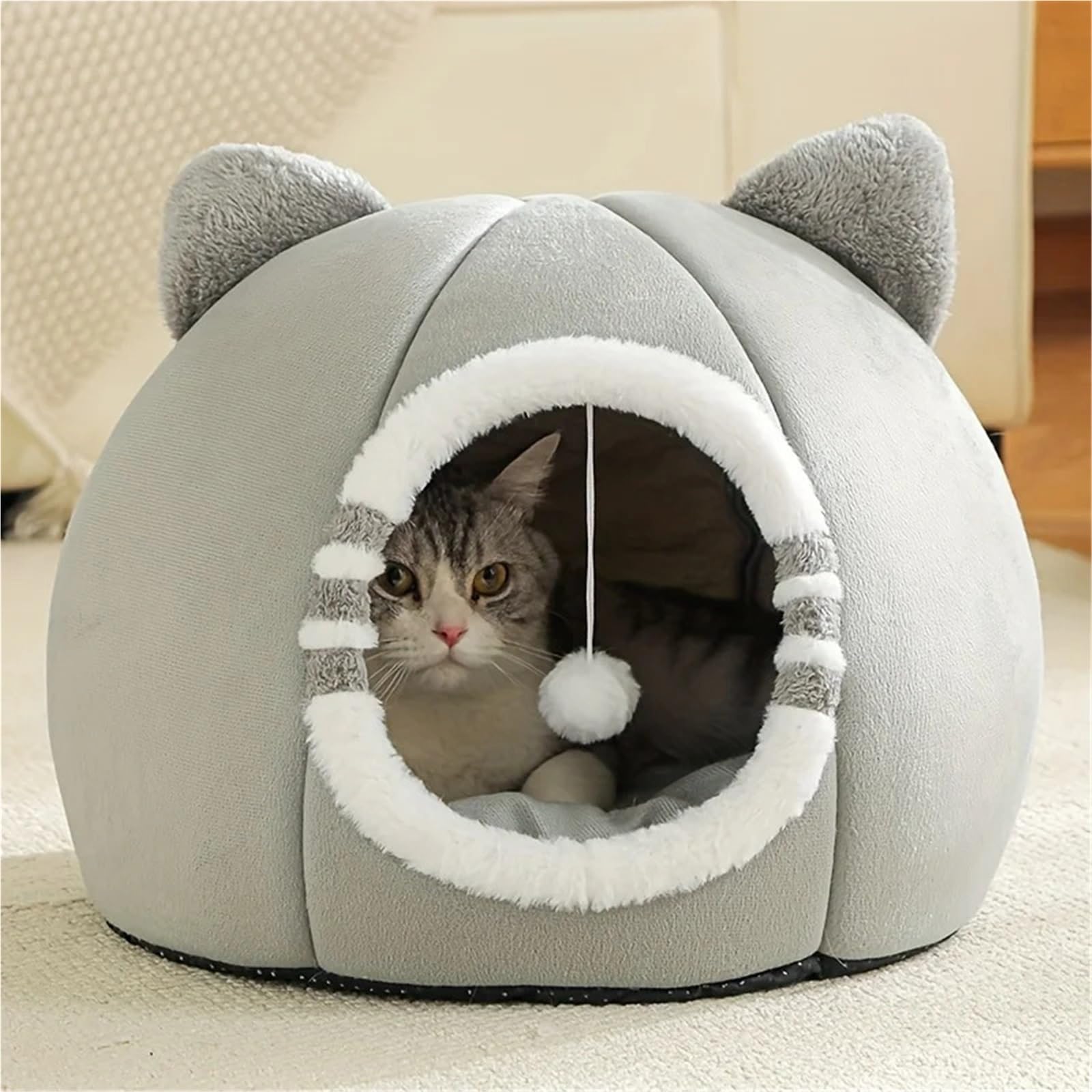 Letto for tenda for animali domestici in grotta dei cartoni animati | Morbido cuscino for divano, grotta chiusa a forma di cartone animato for il riposo di animali(Light Grey,M)