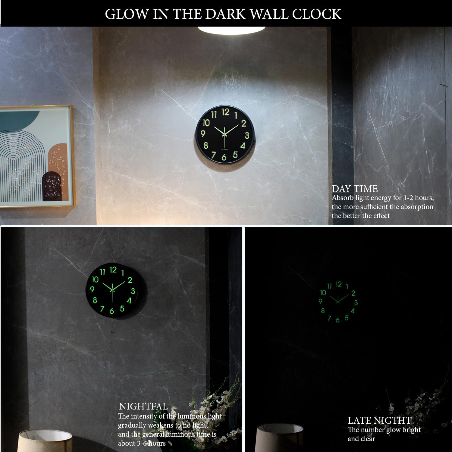 Amazon Brand- Solimo 12-Inch Analog Wall Clock – Luminous Night Glow-in-the-Dark Design, Radium Dial, Silent Non-Ticking Sweep 2