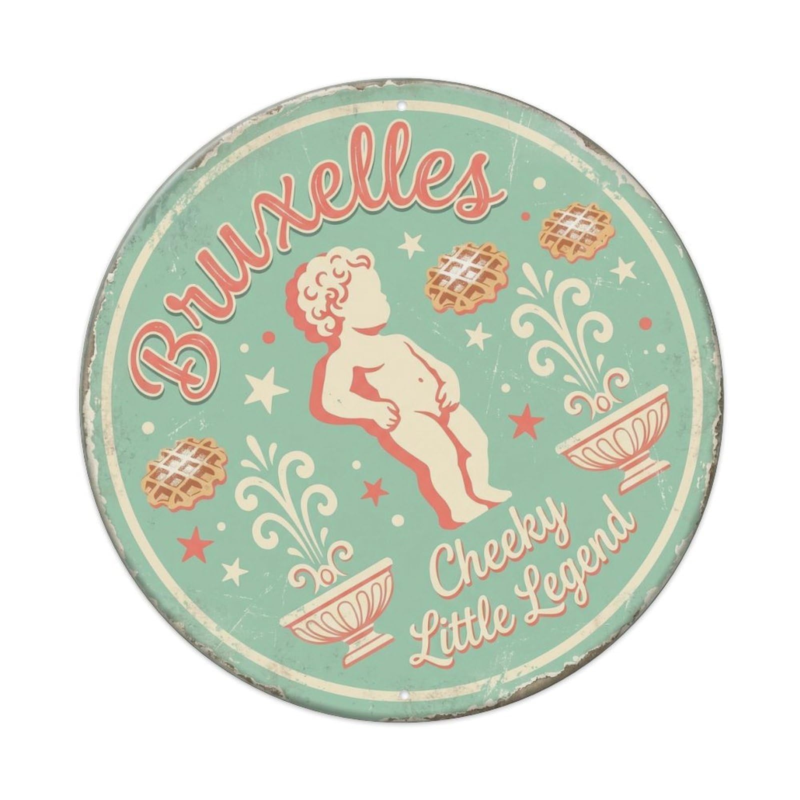 Brussels Cheeky Fountain Journey Metal Tin Sign Plaque Wall Decor for Cafe, Club, Garden Round Metal Poster 8x8Inch