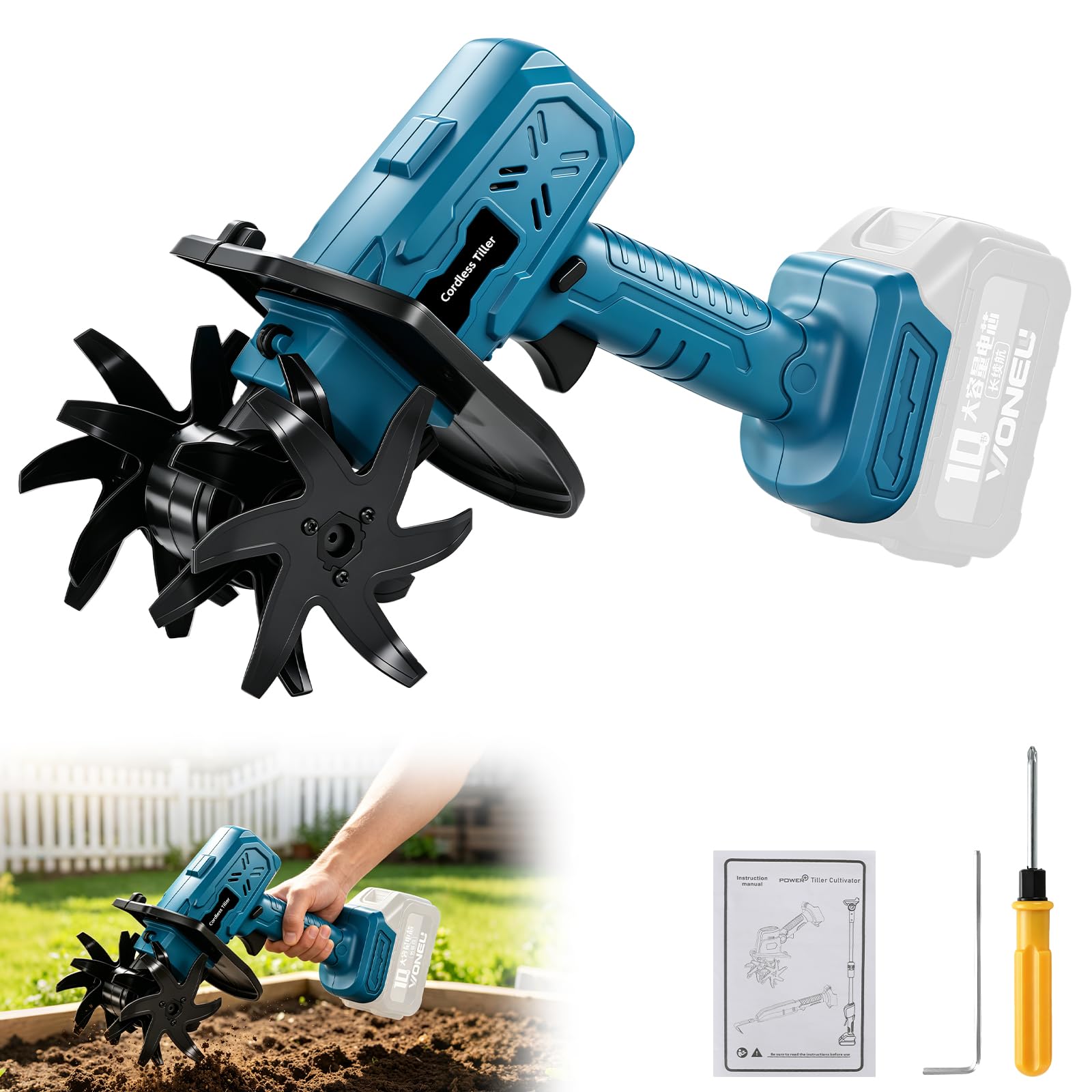 Cordless Tiller Handheld Cultivator Compatible with Makita 18V Battery, Electric Garden Rotavator, 10cm Tilling Depth and 10cm Working Width, for Gardening, Lawn/soil Cultivation (No Battery)