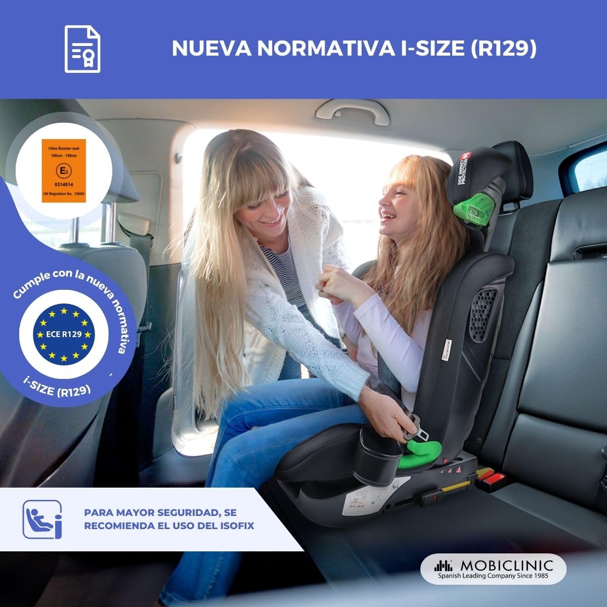 Mobiclinic® kids, Silla de coche, I-size, Isofix, Grupo 2/3, 36kg, 4-12 años, Lionfix max, Evolutiva, 100-150cm, Protección lateral, Reposacabezas regulable, Reclinable 3 posiciones, Portabotellas