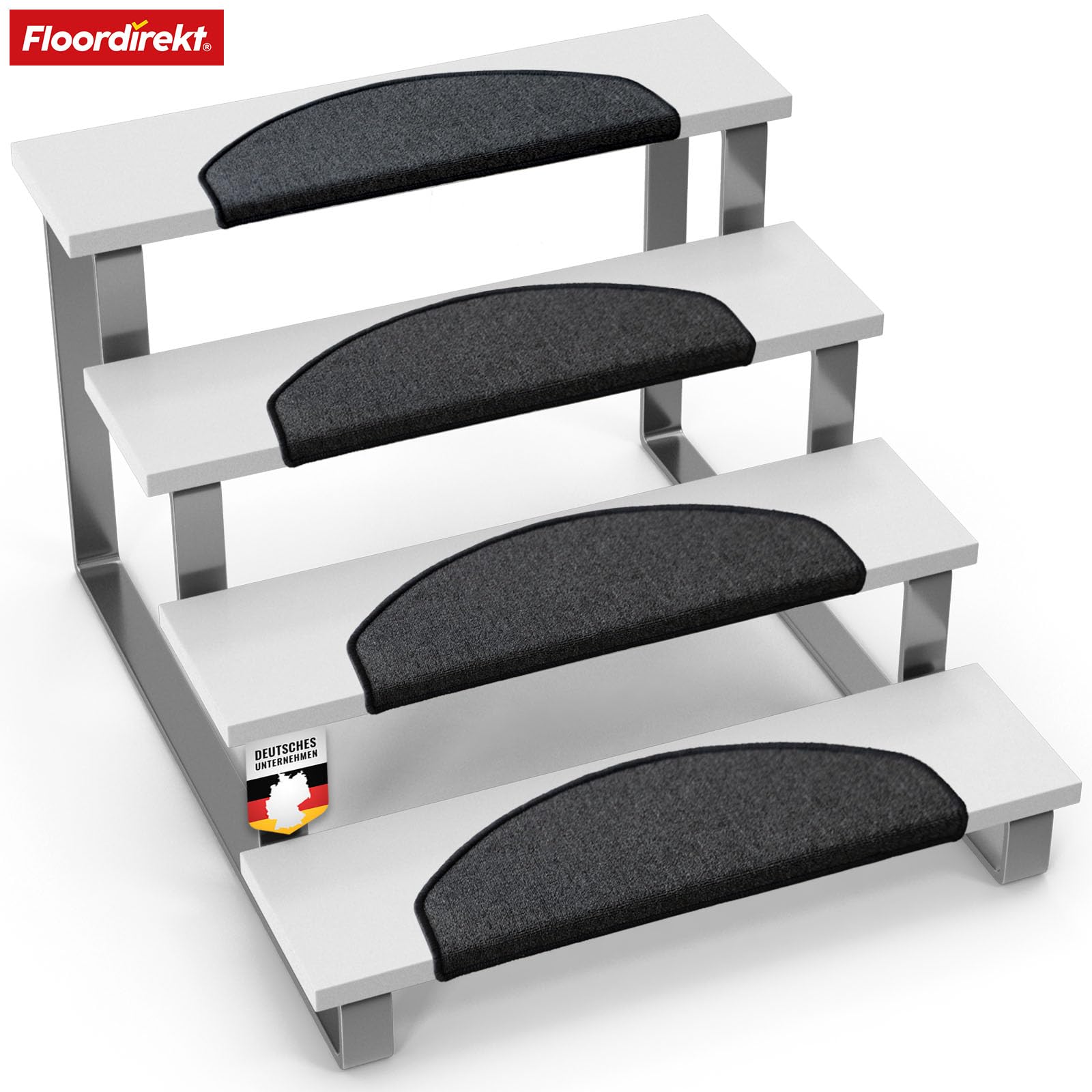 Floordirekt Treppenstufen Matten - London Pro Anthrazit - 1 Stück Stufenmatten Treppenteppich halbrund 25x65 cm