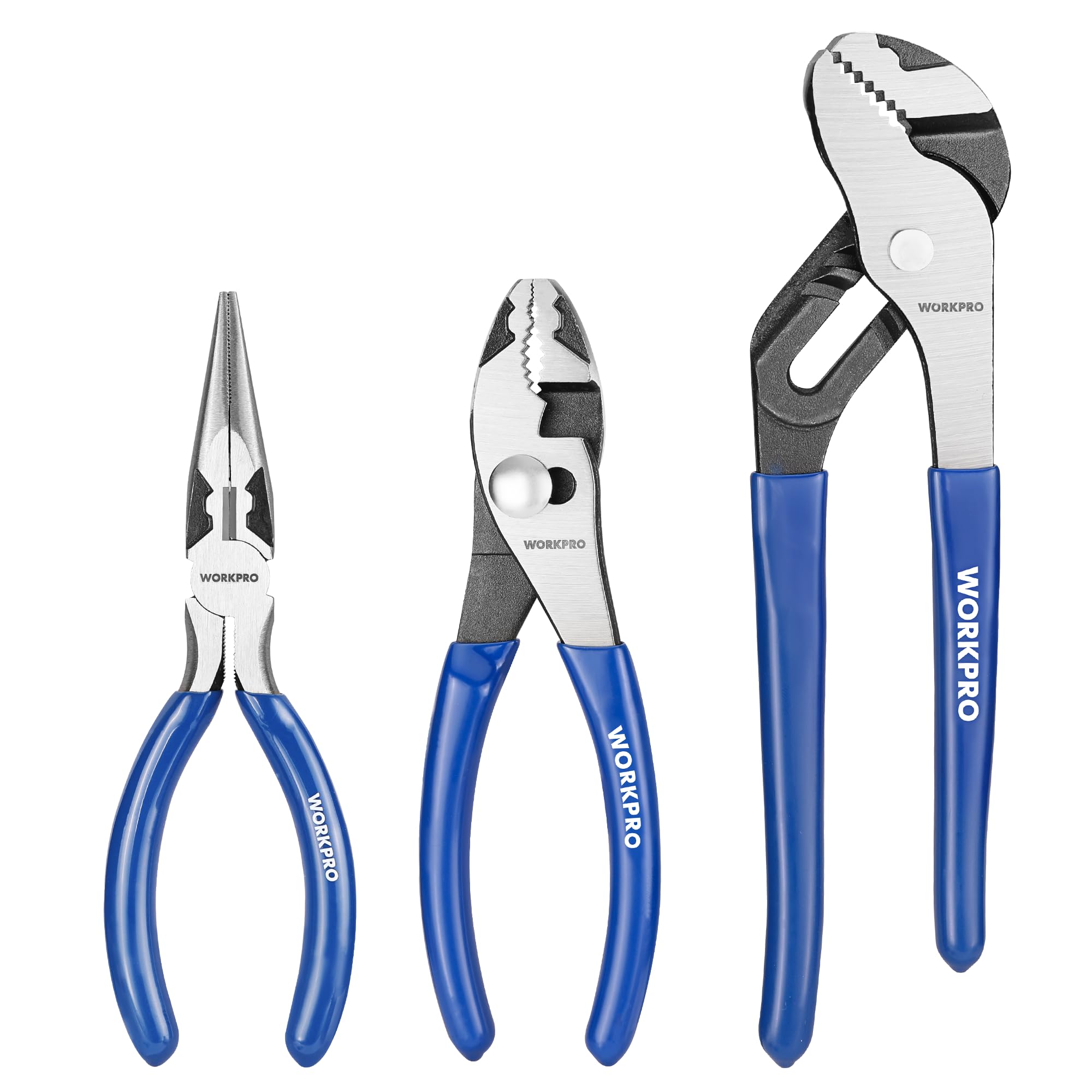 WORKPRO 3-Piece Pliers Tool Set with Soft Handle, 6 Inch Needle Nose, Slip Joint, 8 Inch Groove Joint Plier for DIY & Home Use