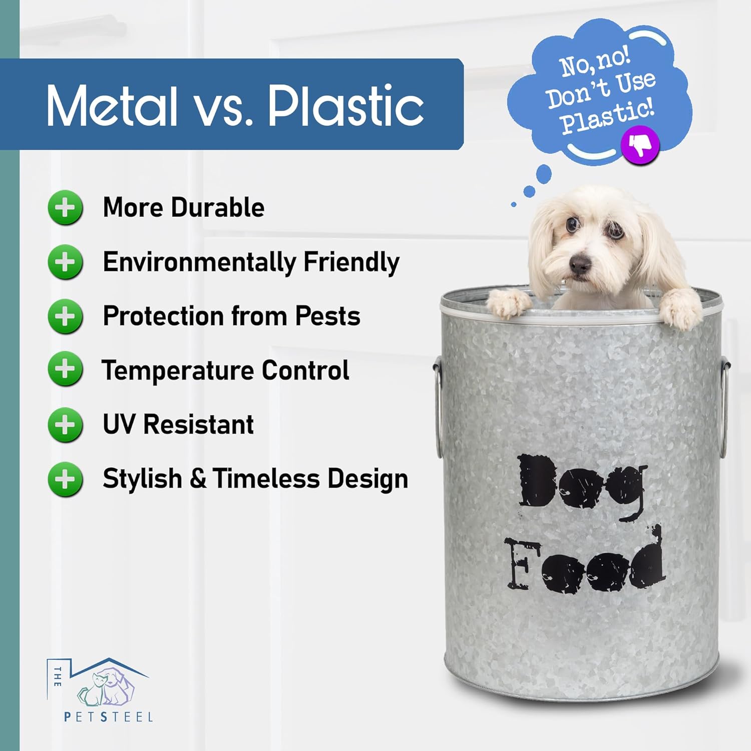 Large Dog 60lb Pet Food Storage Canister or Dog Bin with Scoop – Durable & Airtight for Freshnesss, Minimalist Design & Recyclable, Huge Large Metal Container