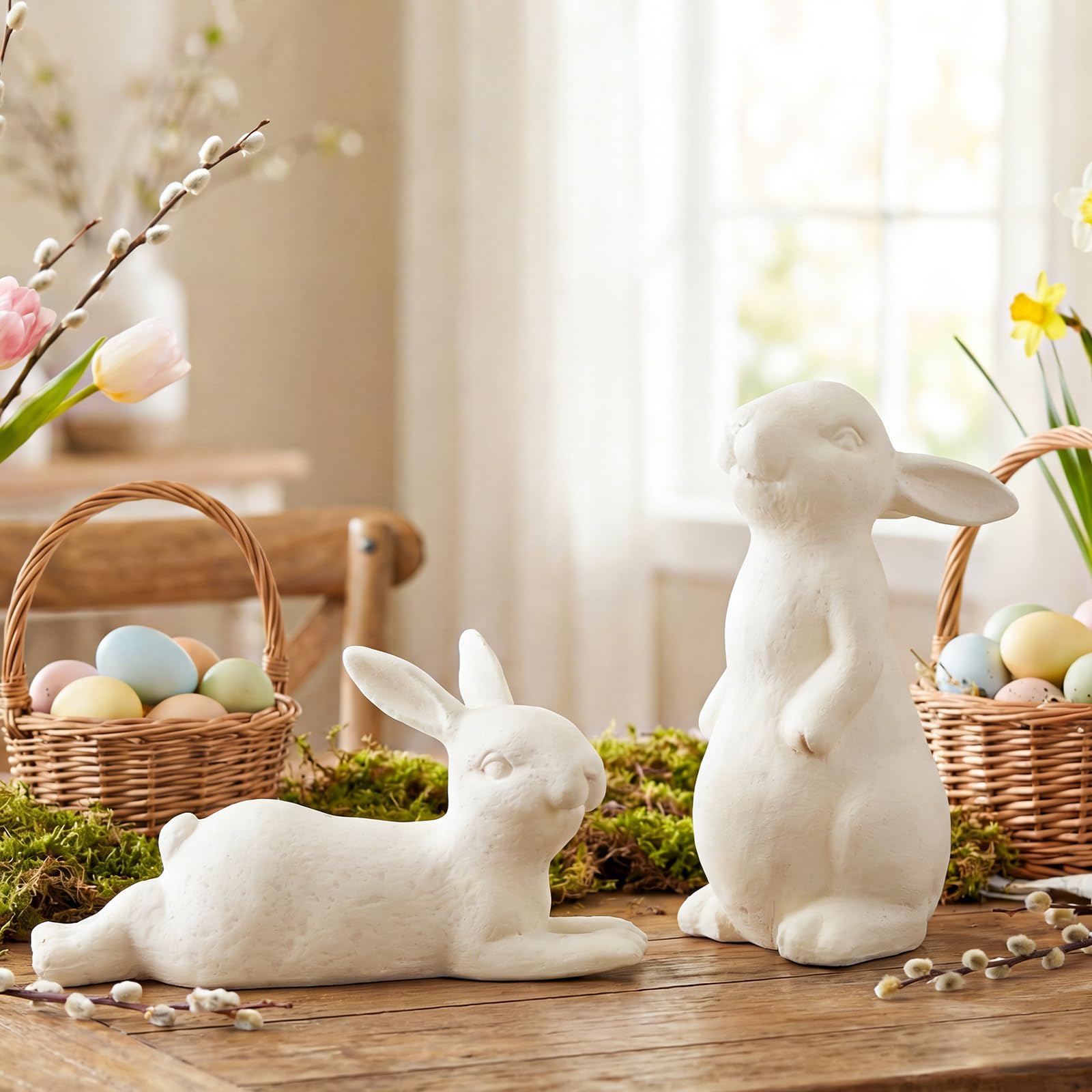 Lapin de Pâques rustique en terre cuite : lot de 2 statuettes vintage pour table printanière